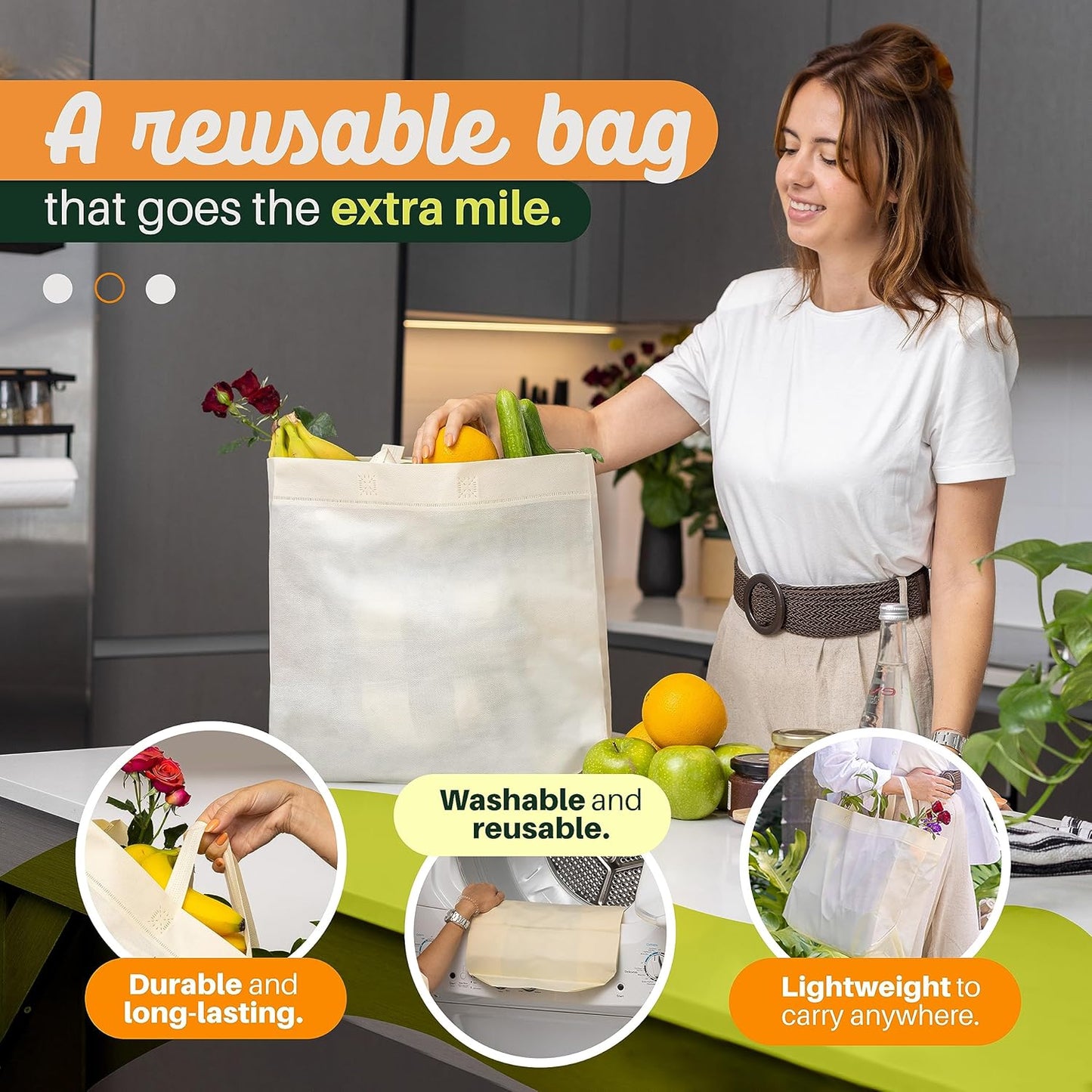 Reusable Grocery Bags Eco-Friendly - Large Reusable Shopping Bags, Heavy Duty Grocery Bags, 14.5"X14"X6.6" Foldable, Tote Bags Bulk (50 Pack, Cream)