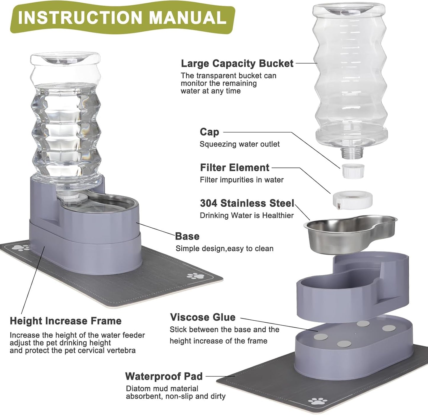Large Water Dispenser for Dogs: 8L Automatic Stainless Steel Gray Gravity Raised Pet Feeder for Pet Dogs Indoor/Outdoor