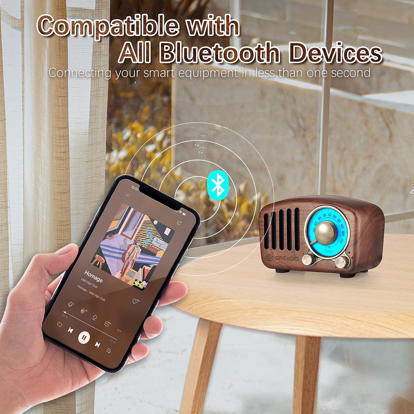 Vintage Walnut Wood Bluetooth Speaker Radio - Retro Style, Bass Enhancement, Loud Volume, Bluetooth 5.0, MP3 & FM Radio
