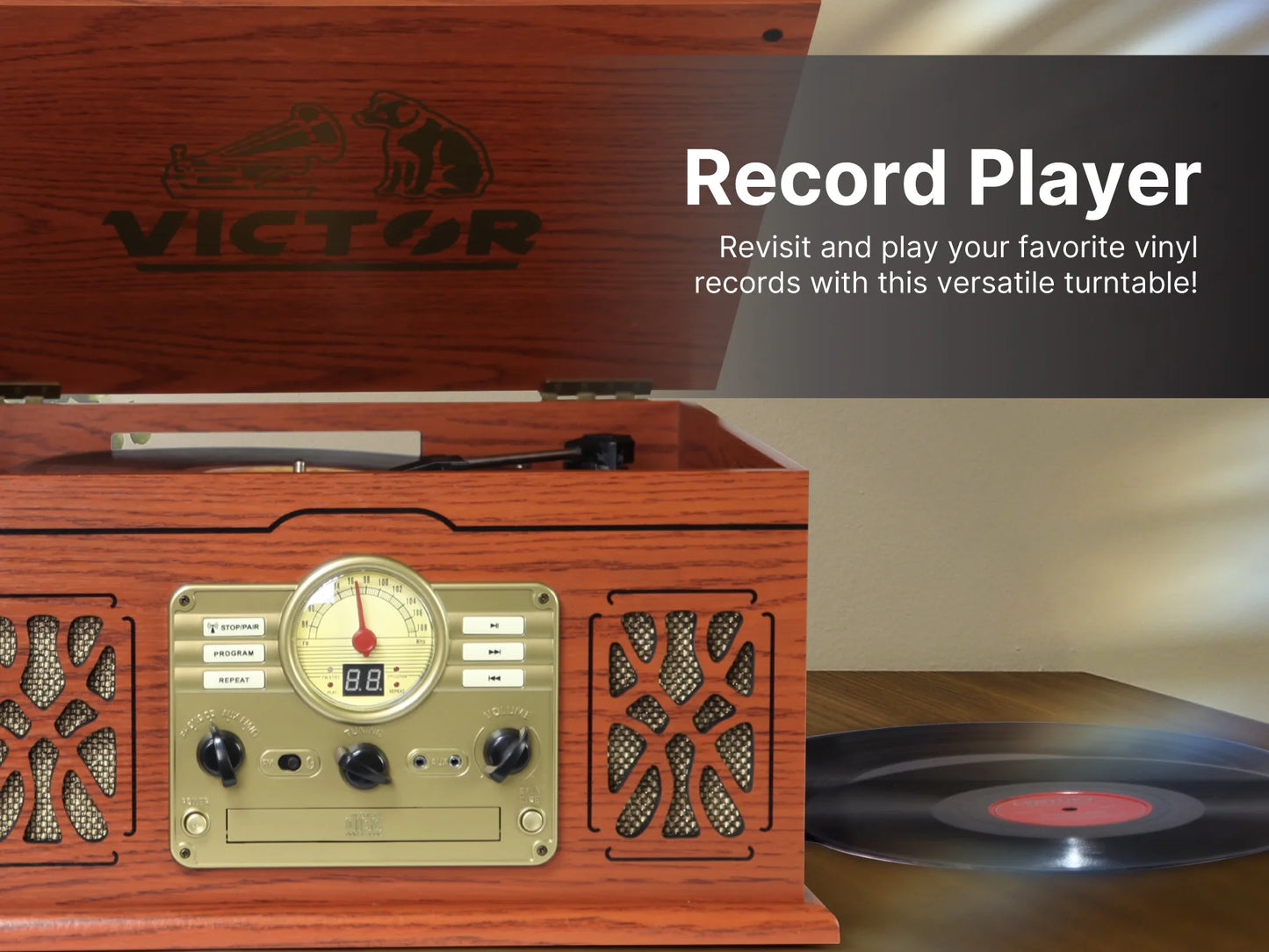 Digital Turntable Bluetooth Radio Record Player with Built-In Stereo Speakers, Mahogany