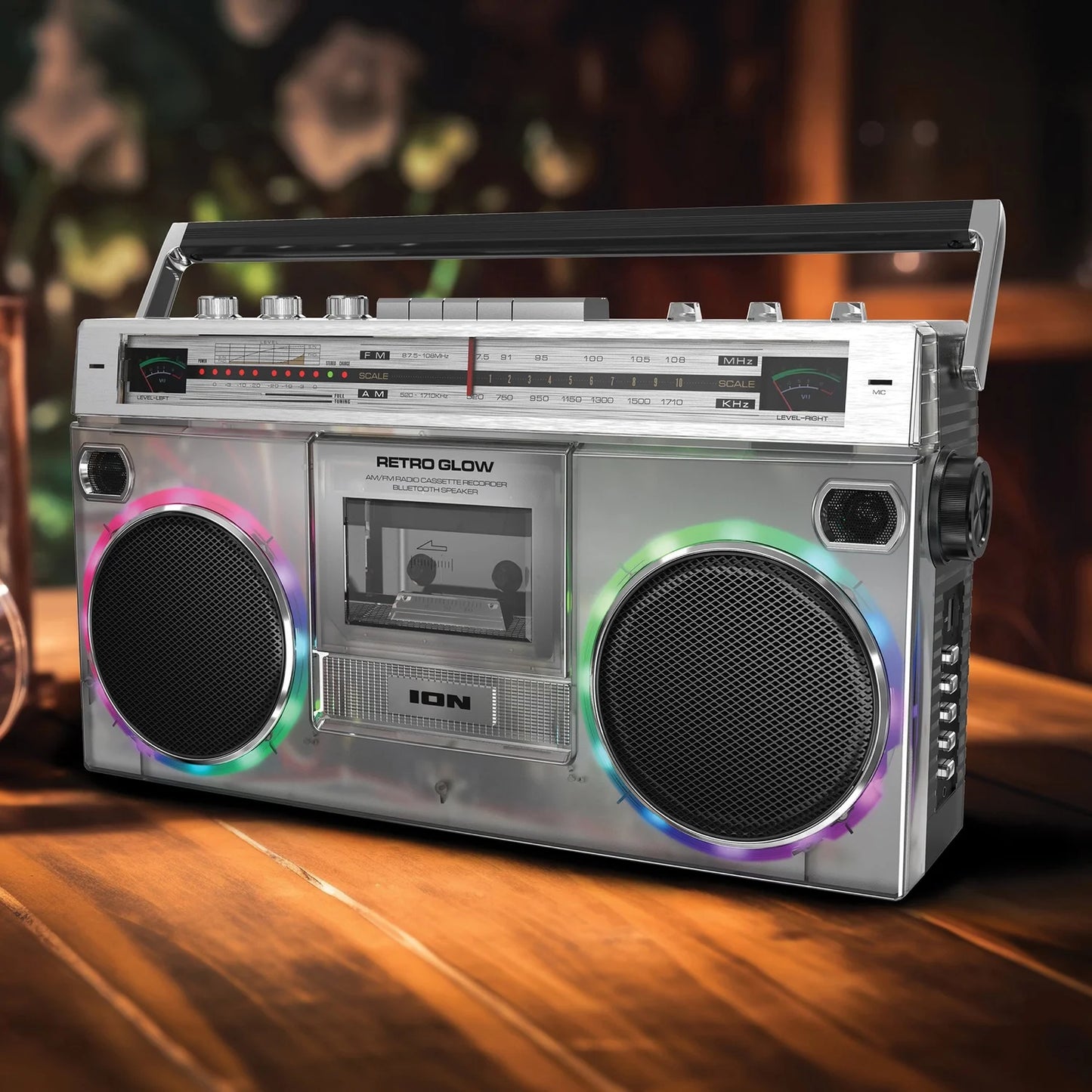 Retro Glow Bluetooth Cassette/Radio Boom Box with LED Lights, Translucent, RETROGLOWXUS