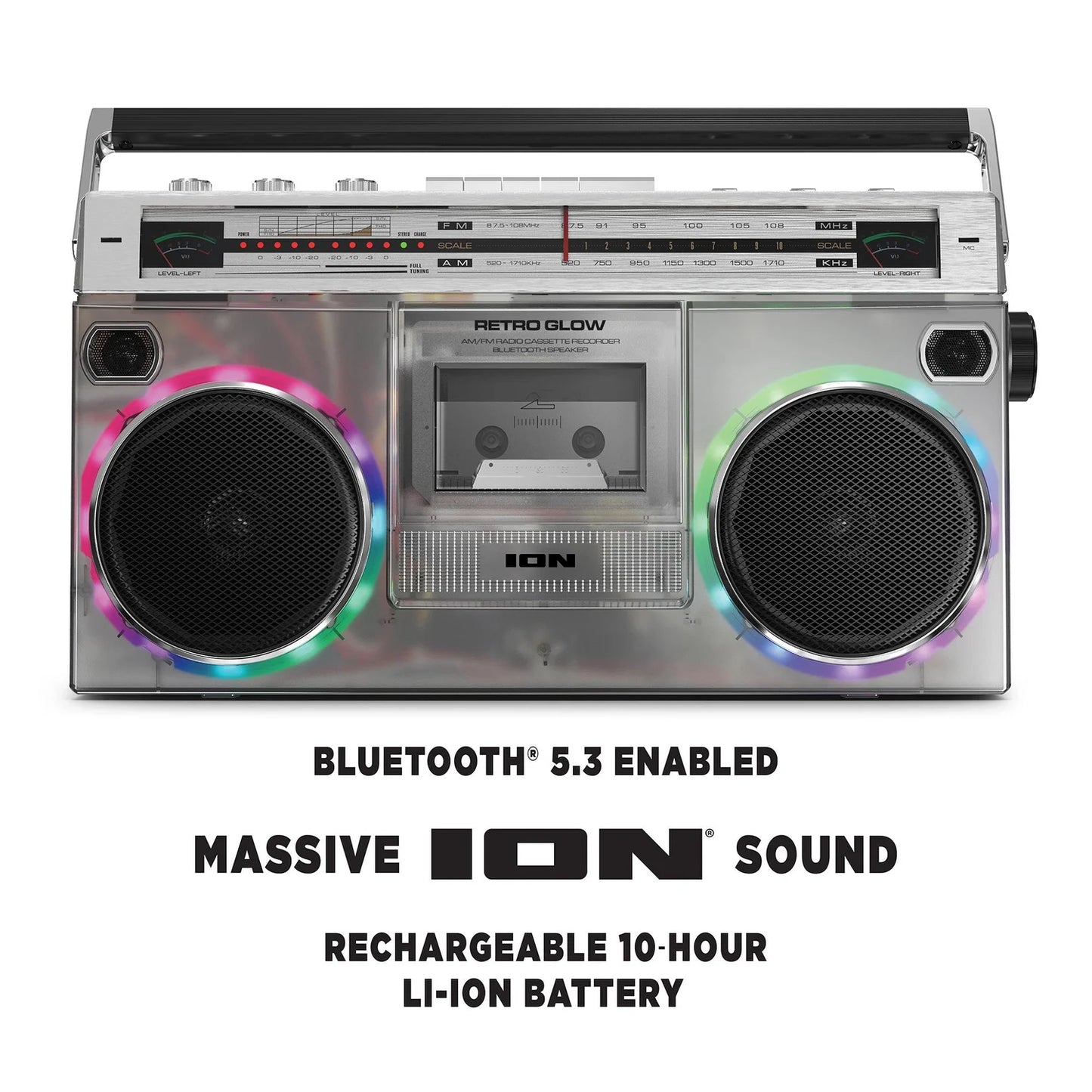 Retro Glow Bluetooth Cassette/Radio Boom Box with LED Lights, Translucent, RETROGLOWXUS