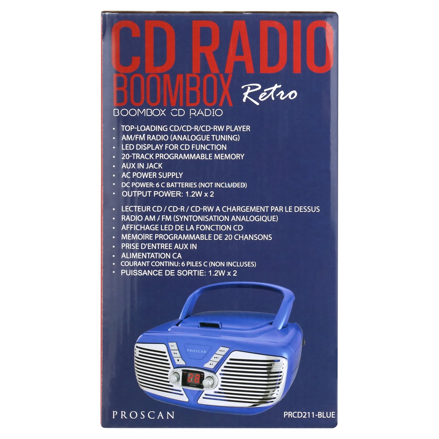 Retro-Style CD Radio Boombox with 1.2-Watt RMS X 2 Power Output, Blue