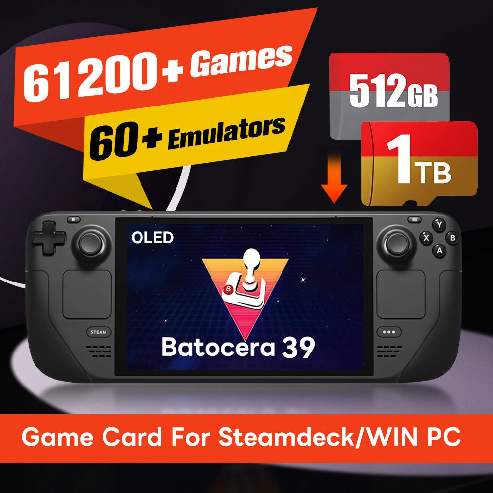 Batocera Game Card with 61200+Retro Games for Steamdeck/ Steamdeck OLED/WIN PC for Ps3/Ps2/Ps1/Psp/Wii/Gamecube/Snes/Nes/Mame