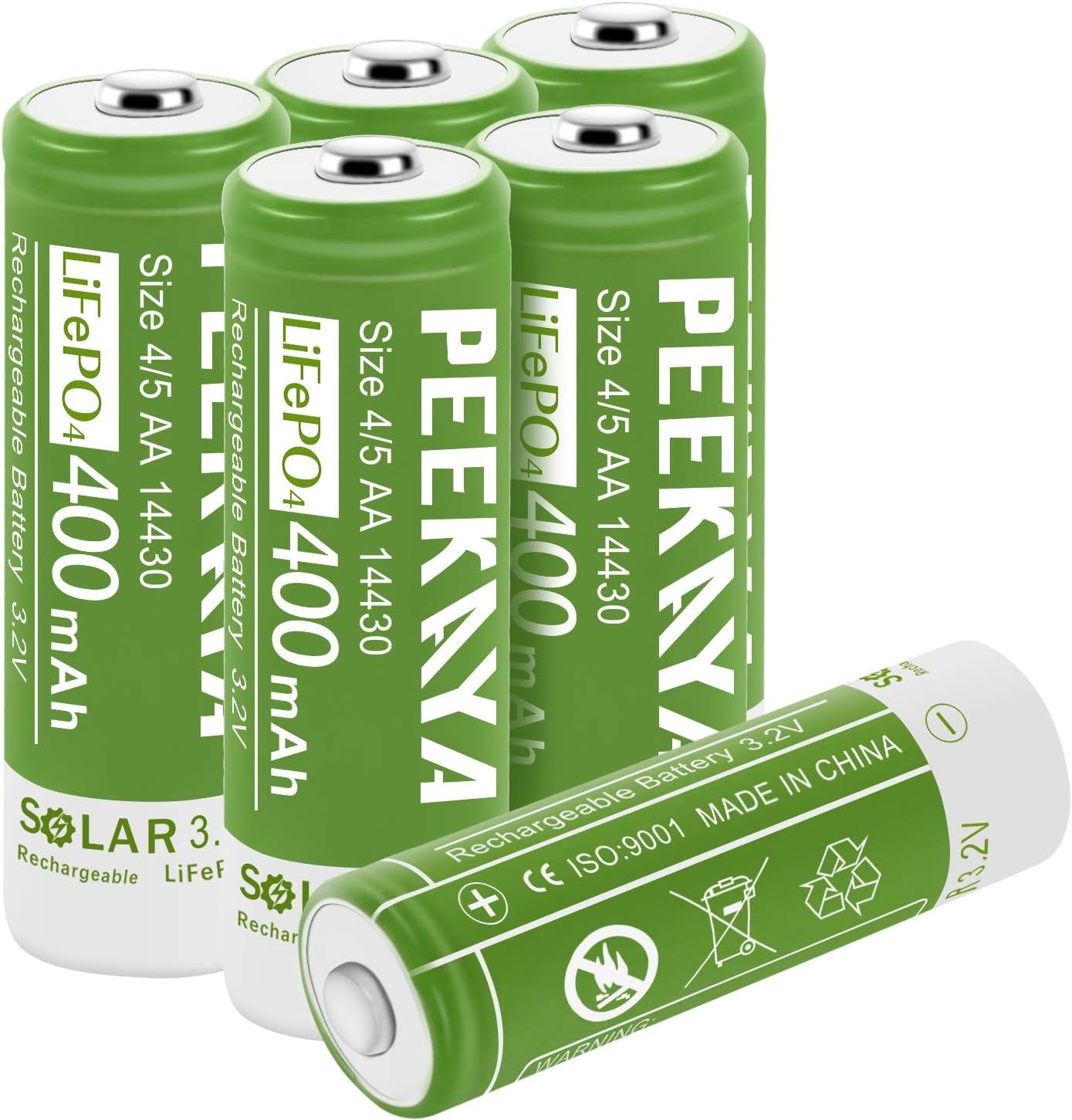 (6-Pack) 14430 Rechargeable Battery Lifepo4 3.2V 400Mah for Ourdoor Gardan Solar Light, Eco-Friendly and Safe