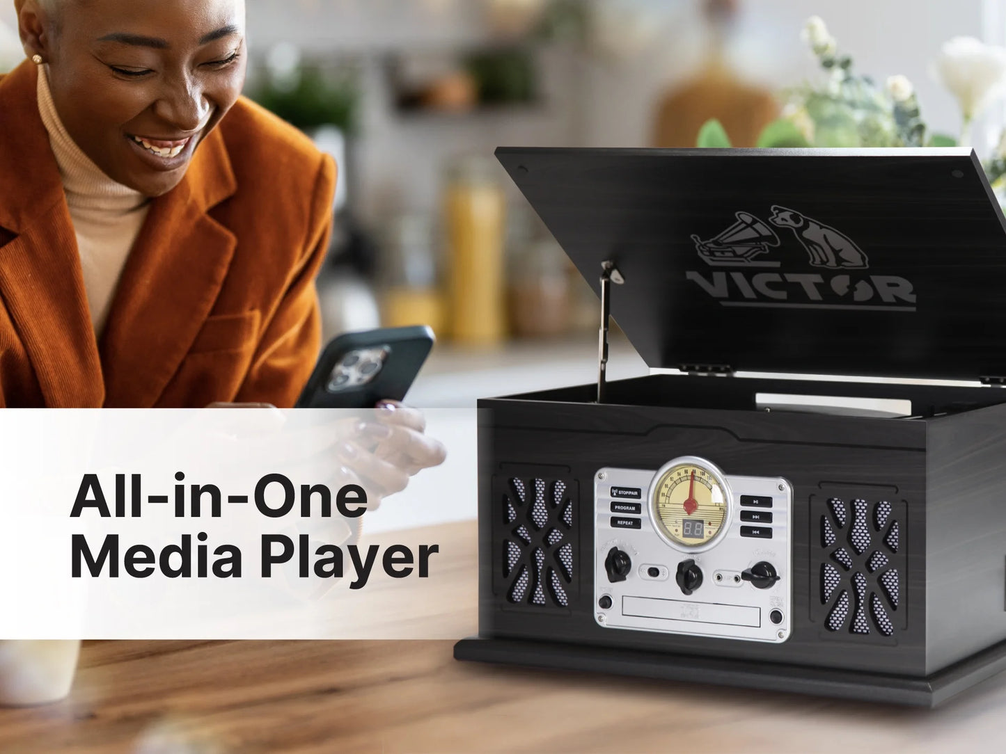 Digital Turntable Bluetooth Radio Record Player with Built-In Stereo Speakers, Mahogany