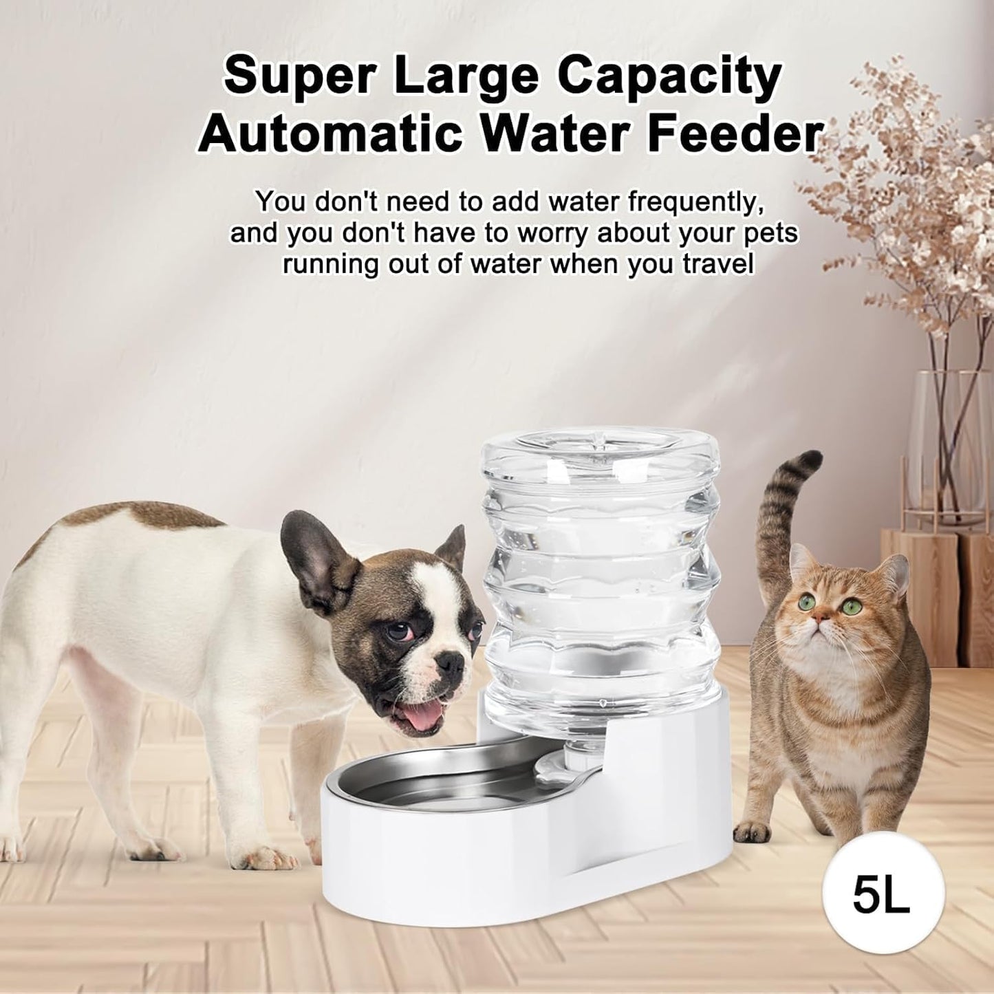 Dog Water Bowl Dispenser: 5L Automatic Stainless Steel Gravity Feeder - Large Capacity Ideal for Indoor and Outdoor Hydration