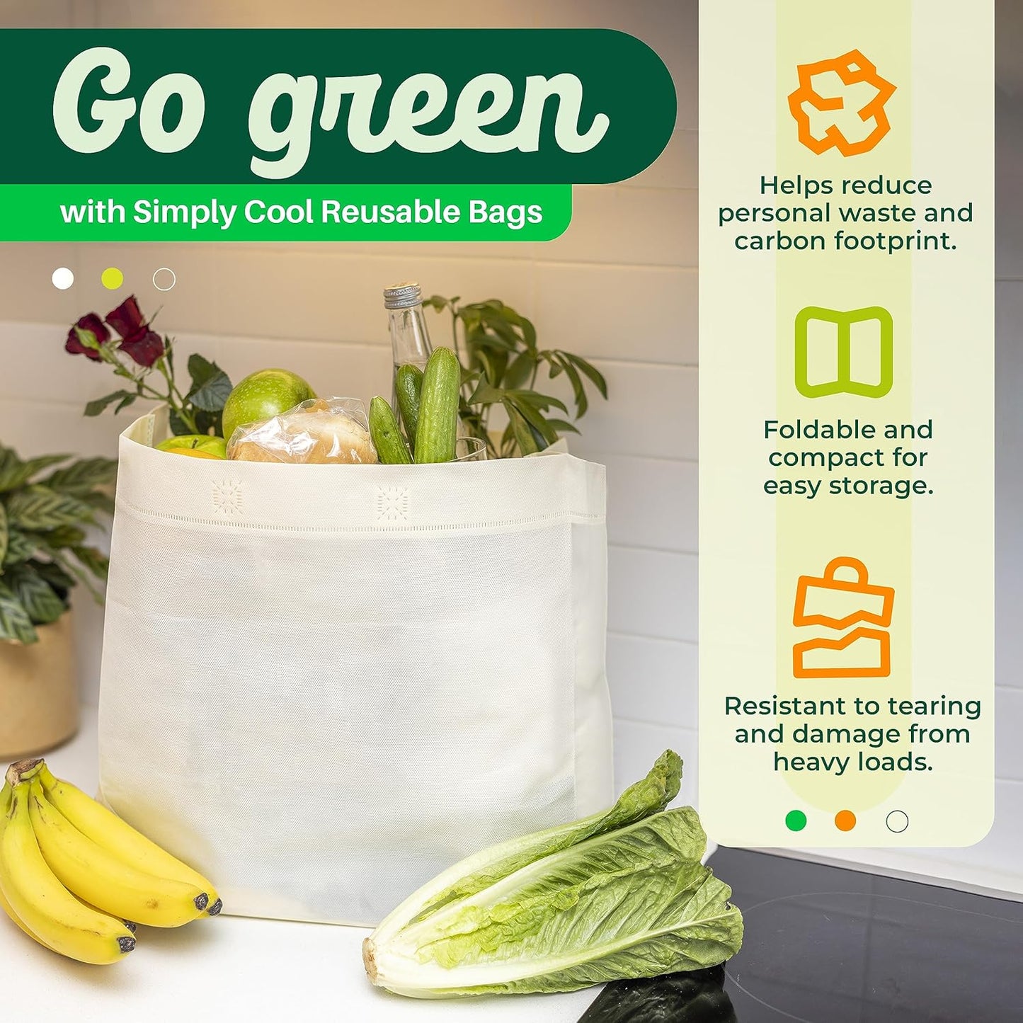 Reusable Grocery Bags Eco-Friendly - Large Reusable Shopping Bags, Heavy Duty Grocery Bags, 14.5"X14"X6.6" Foldable, Tote Bags Bulk (50 Pack, Cream)