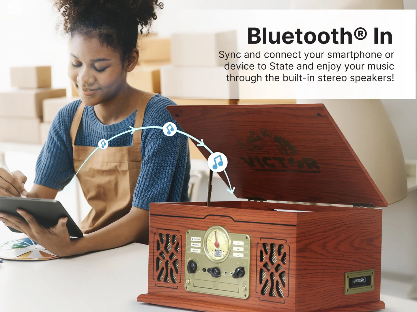 Digital Turntable Bluetooth Radio Record Player with Built-In Stereo Speakers, Mahogany
