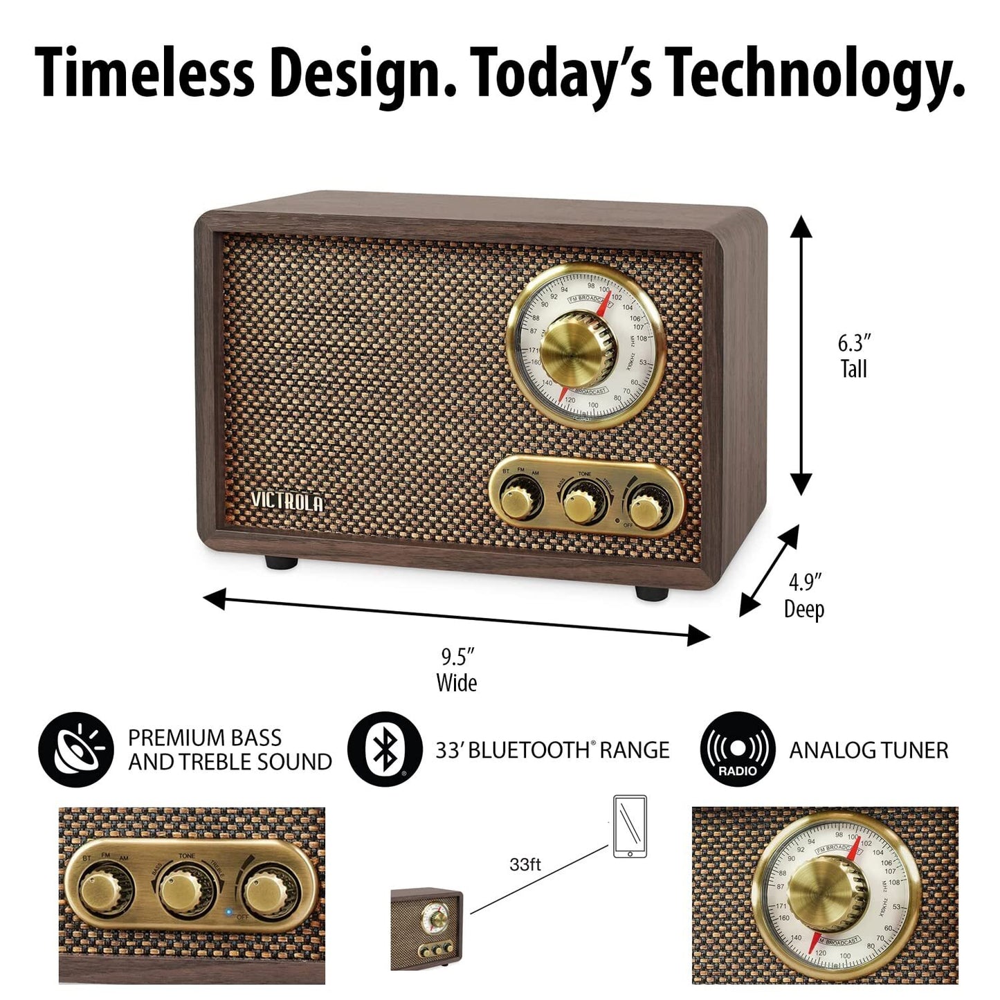 Victrola Retro Bluetooth AM FM Radio Classic Wood Finish Vintage Design