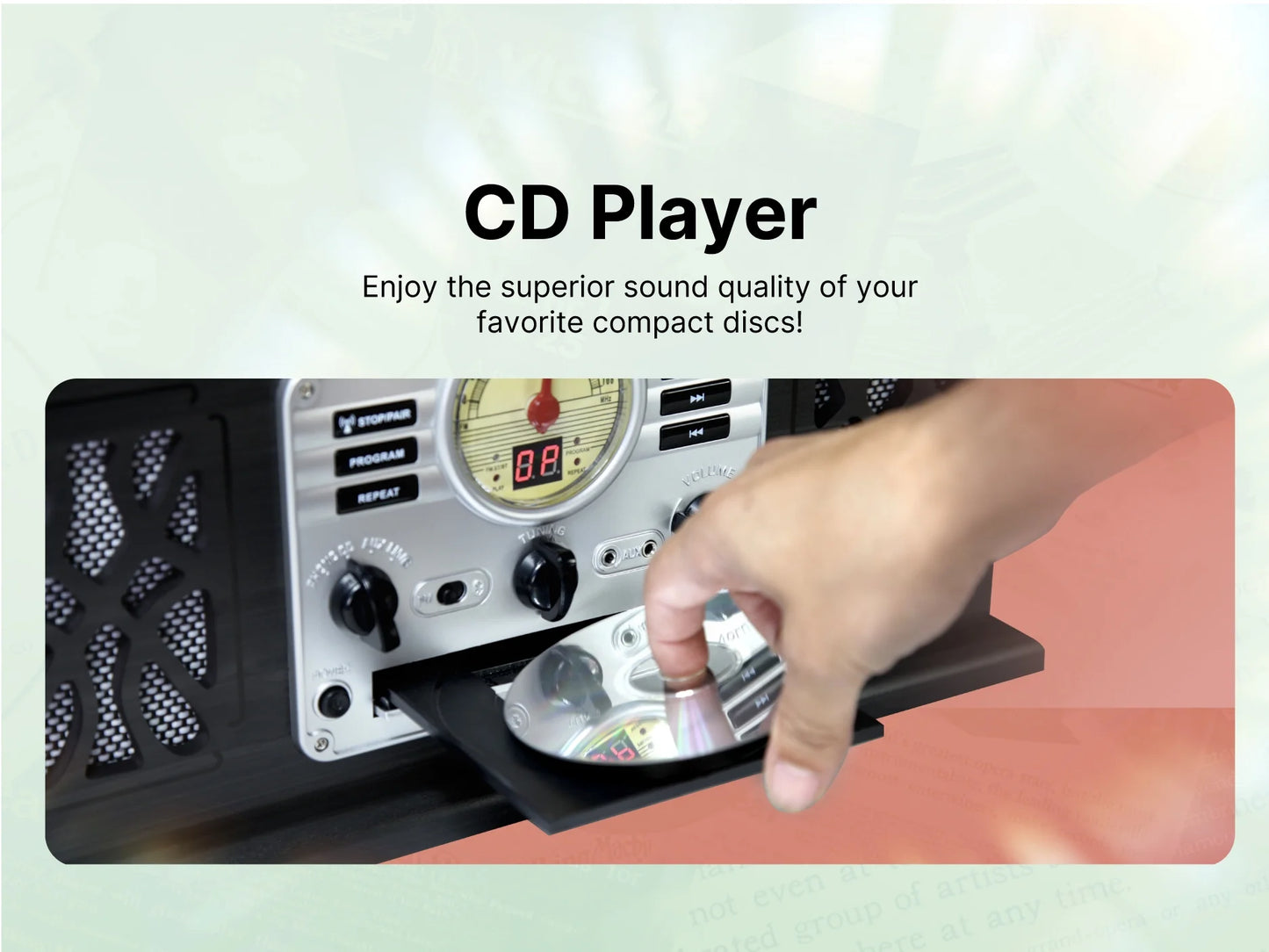 Digital Turntable Bluetooth Radio Record Player with Built-In Stereo Speakers, Mahogany