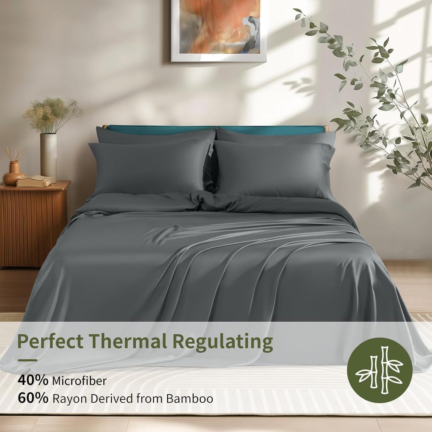 6 Piece King Sheet Sets, Cooling Sheets, Blend Rayon Derived from Bamboo, Deep Pocket up to 16", Breathable & Soft Bed Sheets, Hotel Silky Bedding Set, Dark Grey