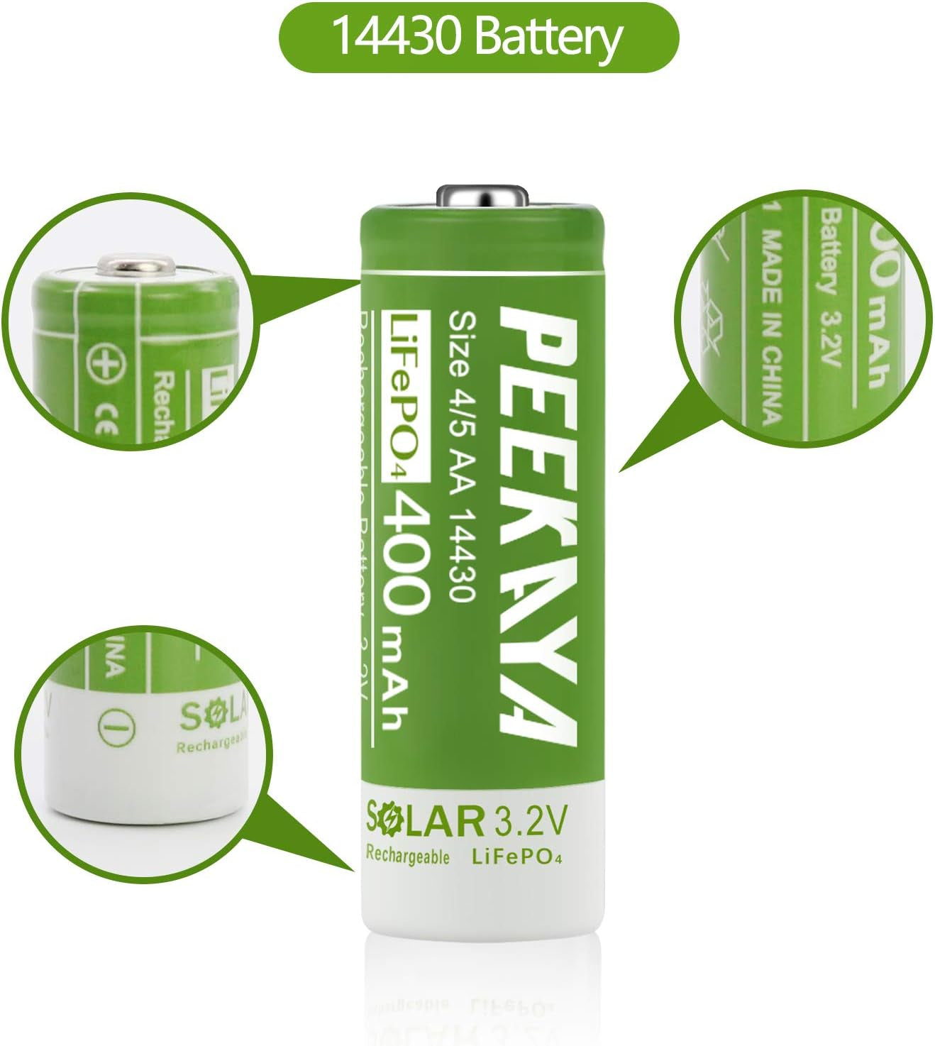 (4-Pack) 14430 Rechargeable Battery Lifepo4 3.2V 400Mah for Ourdoor Gardan Solar Light (1.7In), Eco-Friendly and Safe