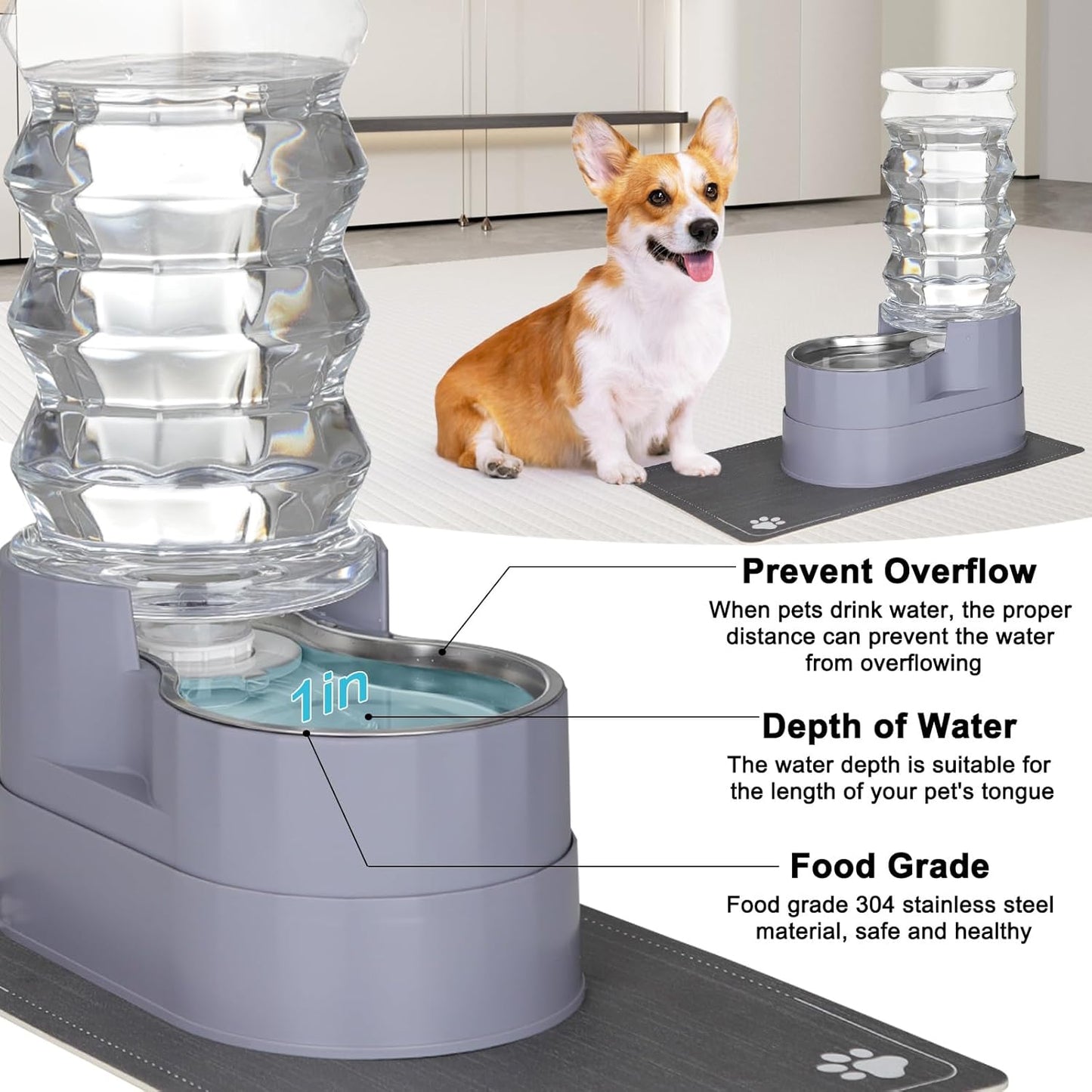 Large Water Dispenser for Dogs: 8L Automatic Stainless Steel Gray Gravity Raised Pet Feeder for Pet Dogs Indoor/Outdoor
