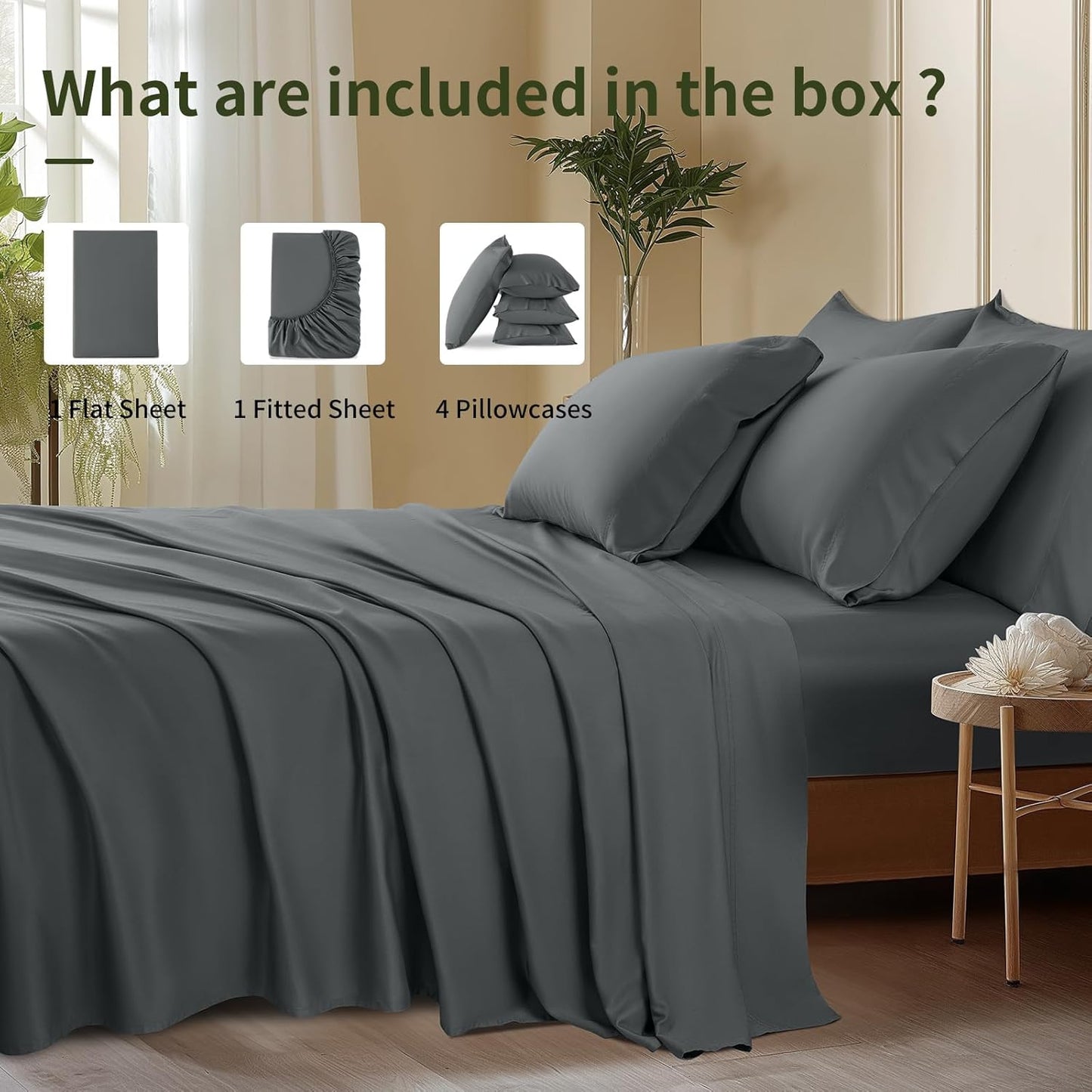 6 Piece King Sheet Sets, Cooling Sheets, Blend Rayon Derived from Bamboo, Deep Pocket up to 16", Breathable & Soft Bed Sheets, Hotel Silky Bedding Set, Dark Grey