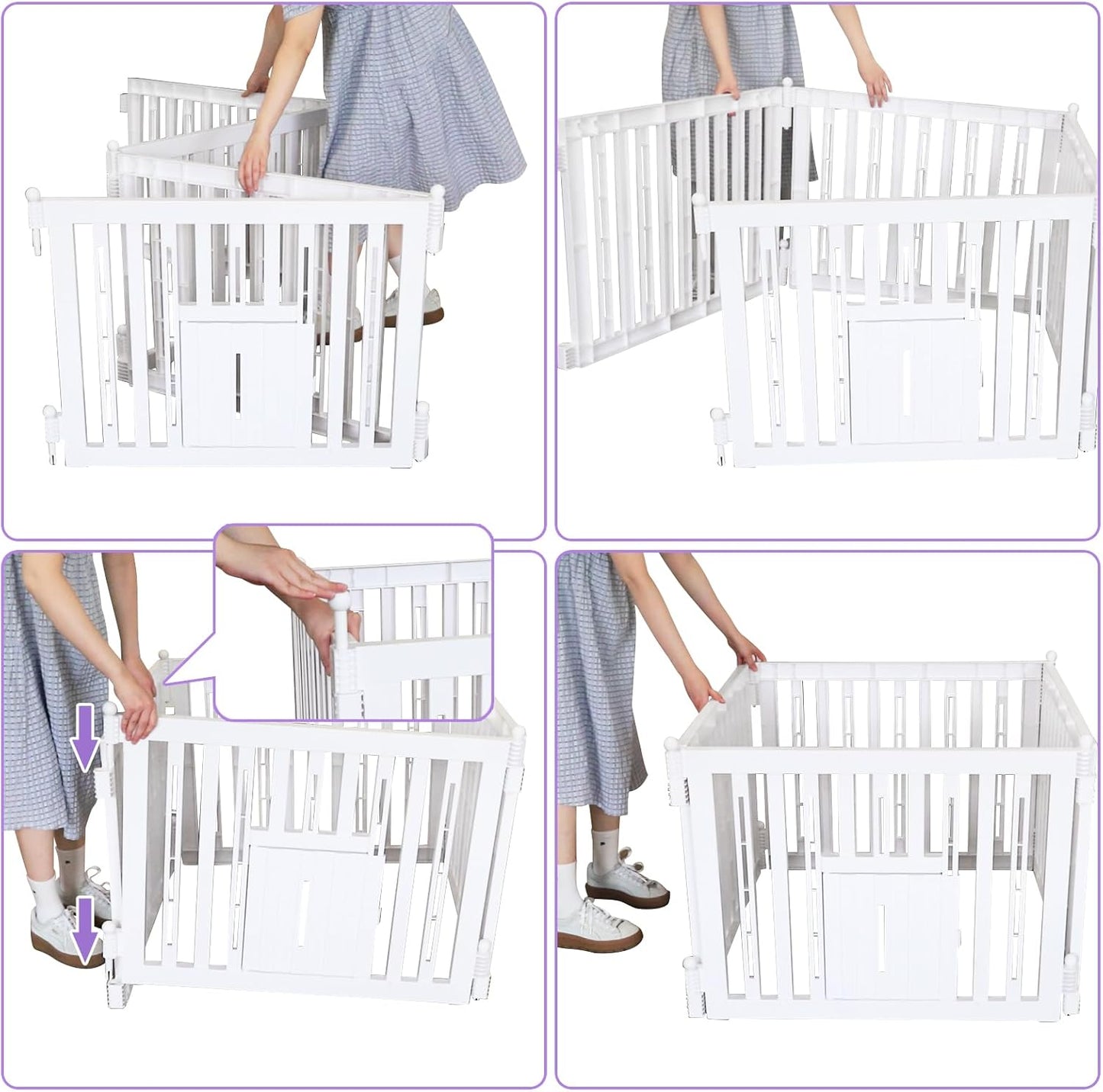 Foldable Plastic Dog Playpen, 4 Panels Pet Fence with Doors for Small Cats and Dogs, Portable Pet Barrier for Indoor and Outdoor, Easy to Assemble (White with Door)