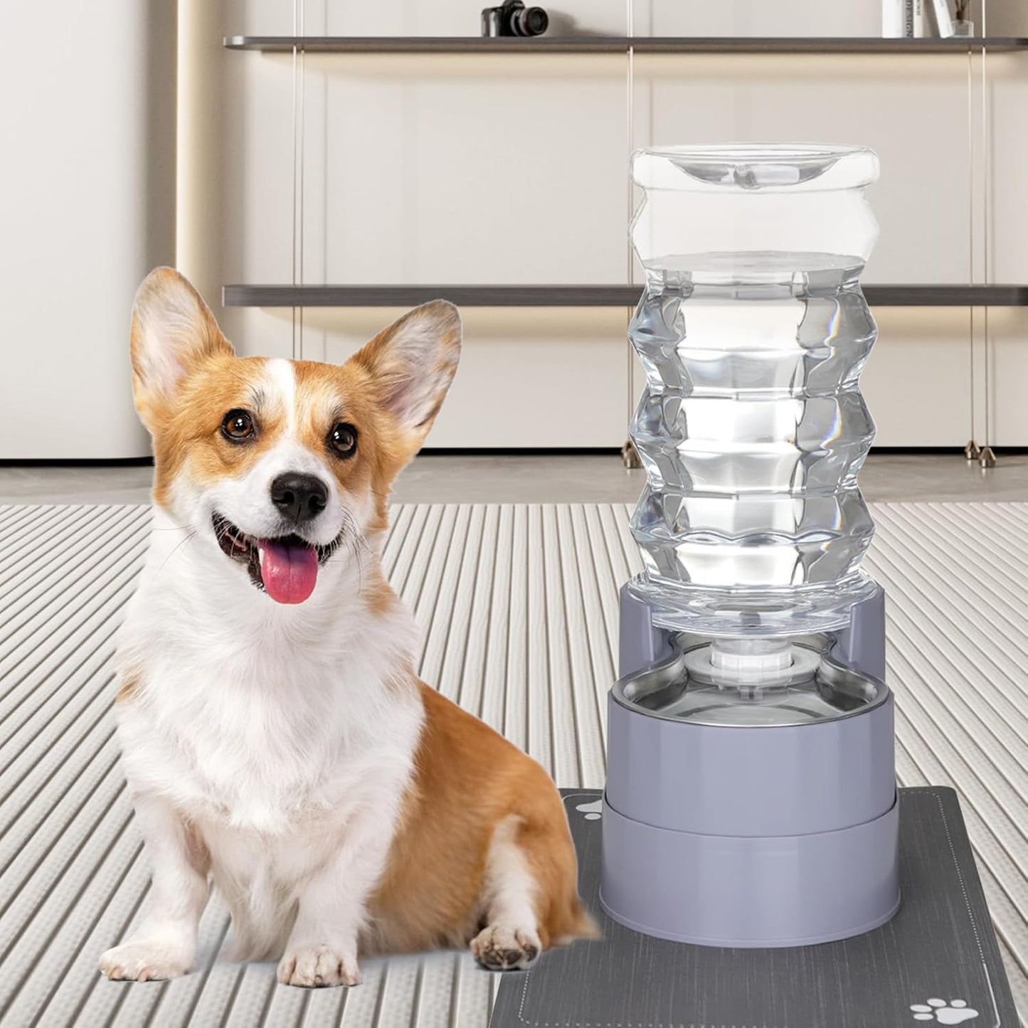 Large Water Dispenser for Dogs: 8L Automatic Stainless Steel Gray Gravity Raised Pet Feeder for Pet Dogs Indoor/Outdoor