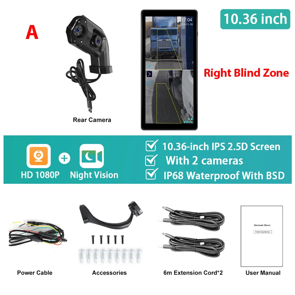 Podofo 10.36'' Car Side View Vertical Monitor For Truck Electronic Rearview Mirror Touch Screen Dual-Cam DVR BSD IP68 Waterproof