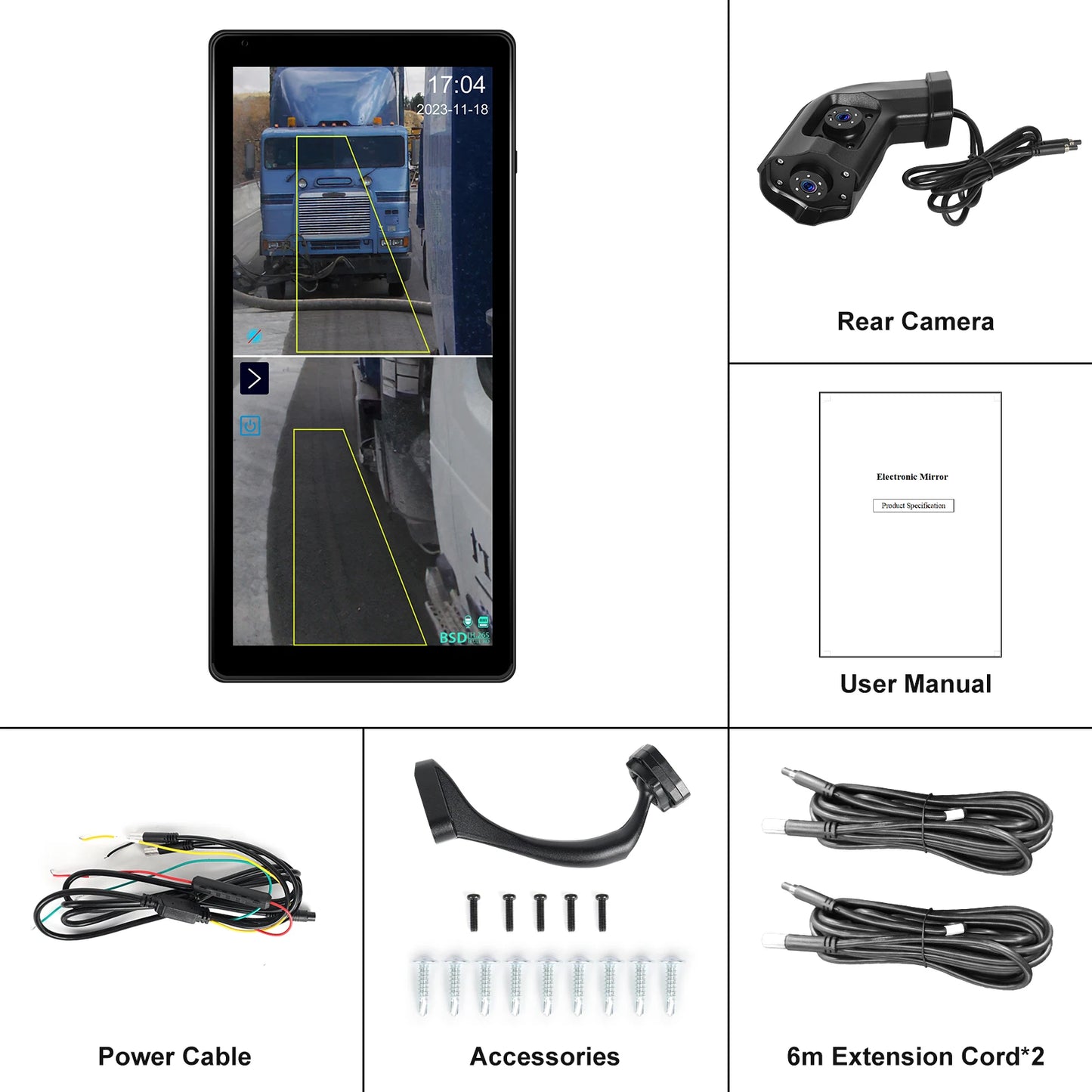 Podofo 10.36'' Car Side View Vertical Monitor For Truck Electronic Rearview Mirror Touch Screen Dual-Cam DVR BSD IP68 Waterproof
