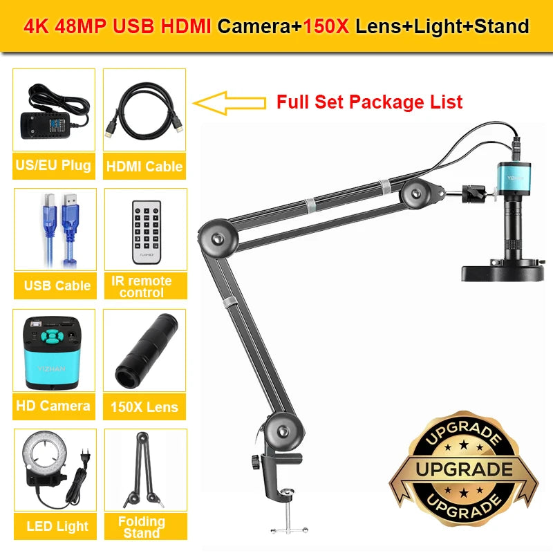 4K 48MP Full HD Industrial microscope 150X Zoom Lens C-Mount HDMI Digital Camera Phone PCB Welding Repair Electronic Microscope
