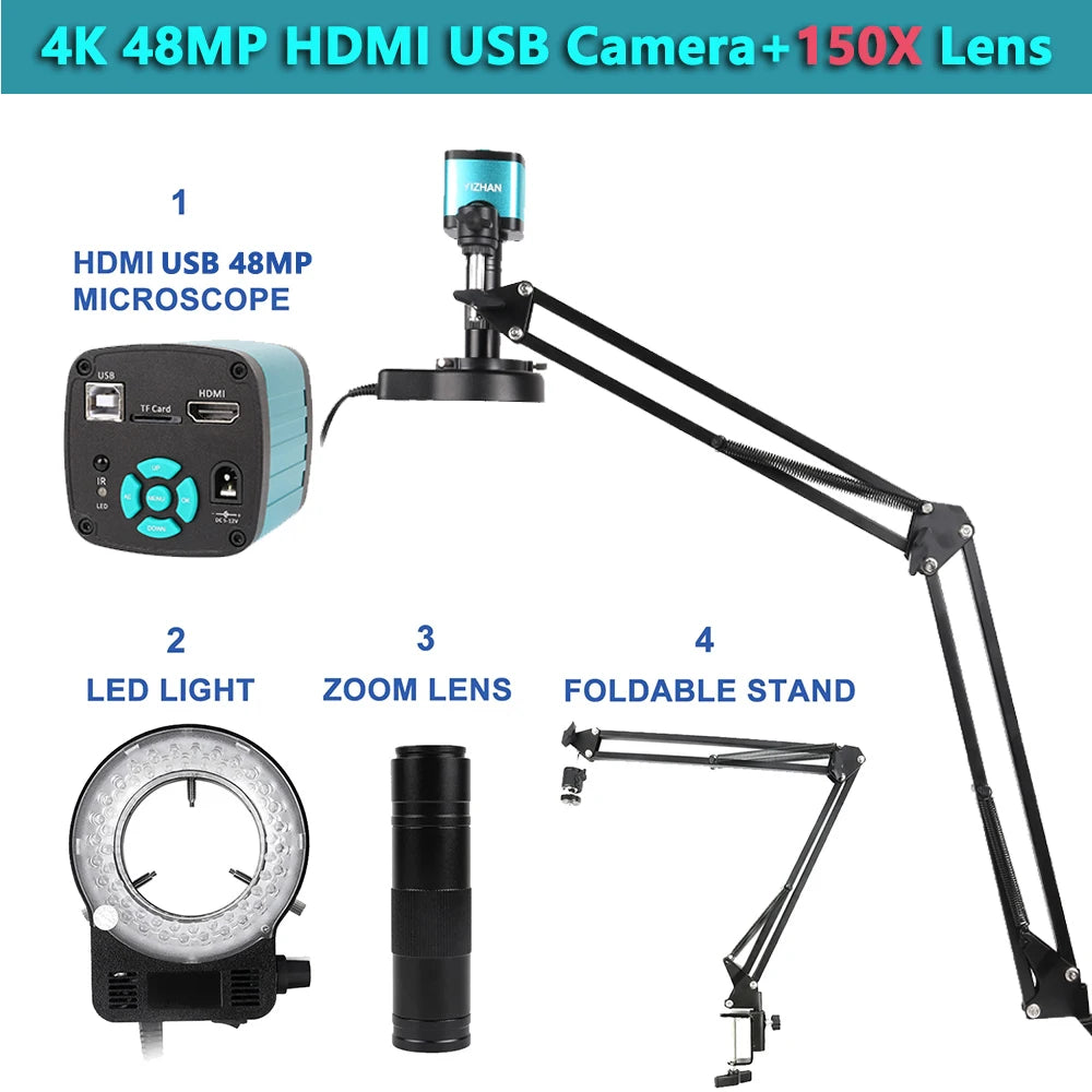 4K 48MP Electronic Digital Microscope 150X C-Mount Digital Camera Via Type Measurement For PCB Soldering Phone Repair Nice-power