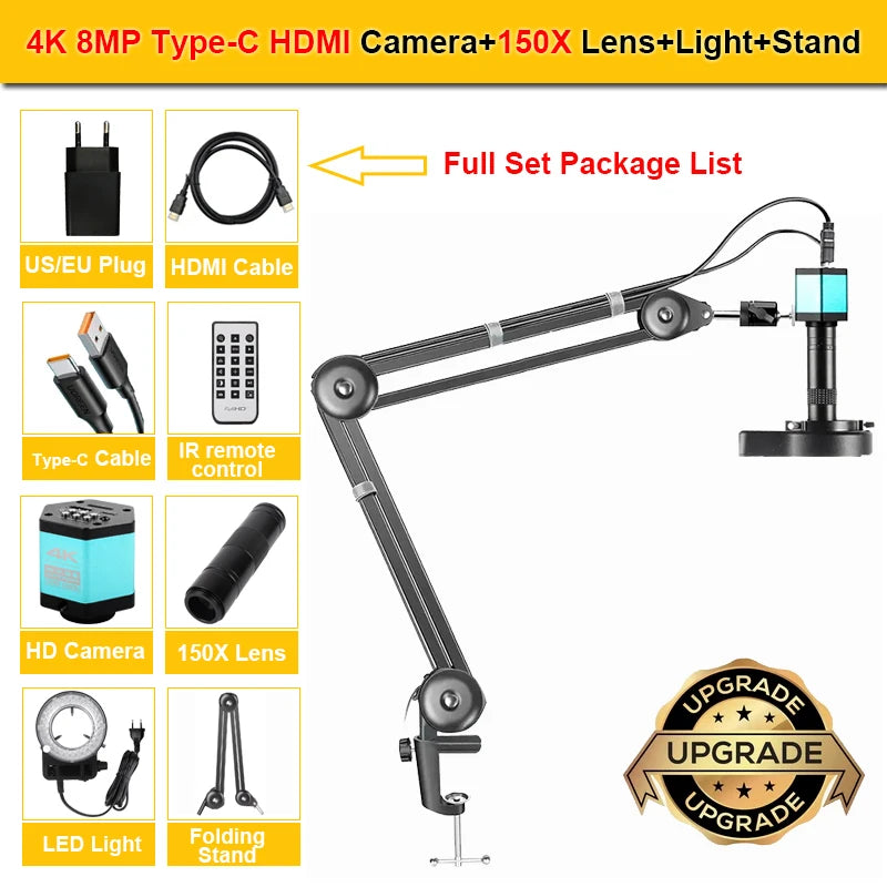 4K 48MP Full HD Industrial microscope 150X Zoom Lens C-Mount HDMI Digital Camera Phone PCB Welding Repair Electronic Microscope