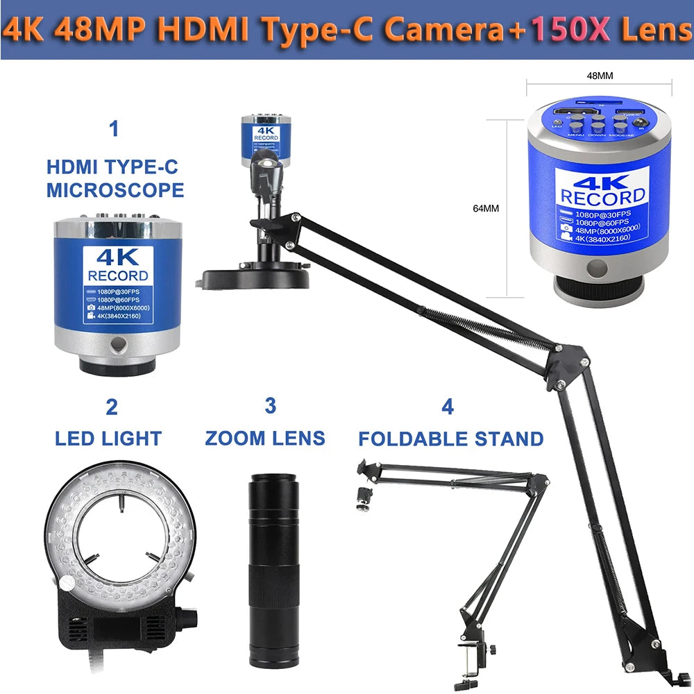 4K 48MP Electronic Digital Microscope 150X C-Mount Digital Camera Via Type Measurement For PCB Soldering Phone Repair Nice-power