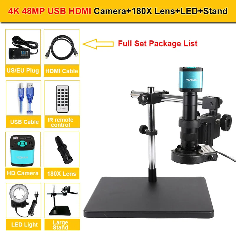 4K ULTRA Electronic Digital Microscope 48MP USB HDMI Soldering Camera 130X 150X 180X C-Mount Zoom Lens For PCB Repair Tools