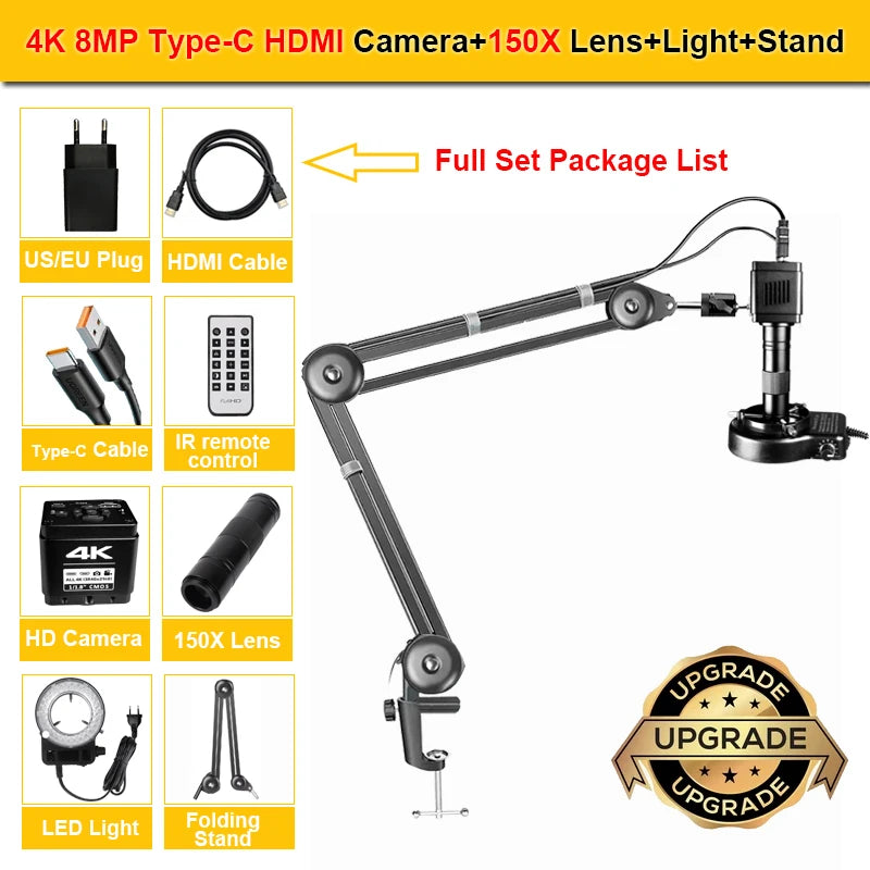 4K 48MP Full HD Industrial microscope 150X Zoom Lens C-Mount HDMI Digital Camera Phone PCB Welding Repair Electronic Microscope