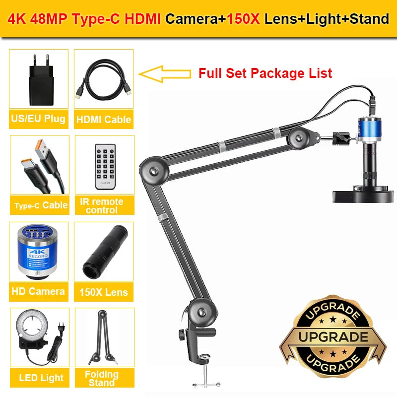 4K 48MP Full HD Industrial microscope 150X Zoom Lens C-Mount HDMI Digital Camera Phone PCB Welding Repair Electronic Microscope