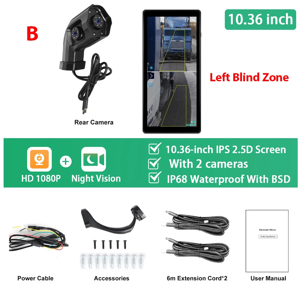 Podofo 10.36'' Car Side View Vertical Monitor For Truck Electronic Rearview Mirror Touch Screen Dual-Cam DVR BSD IP68 Waterproof