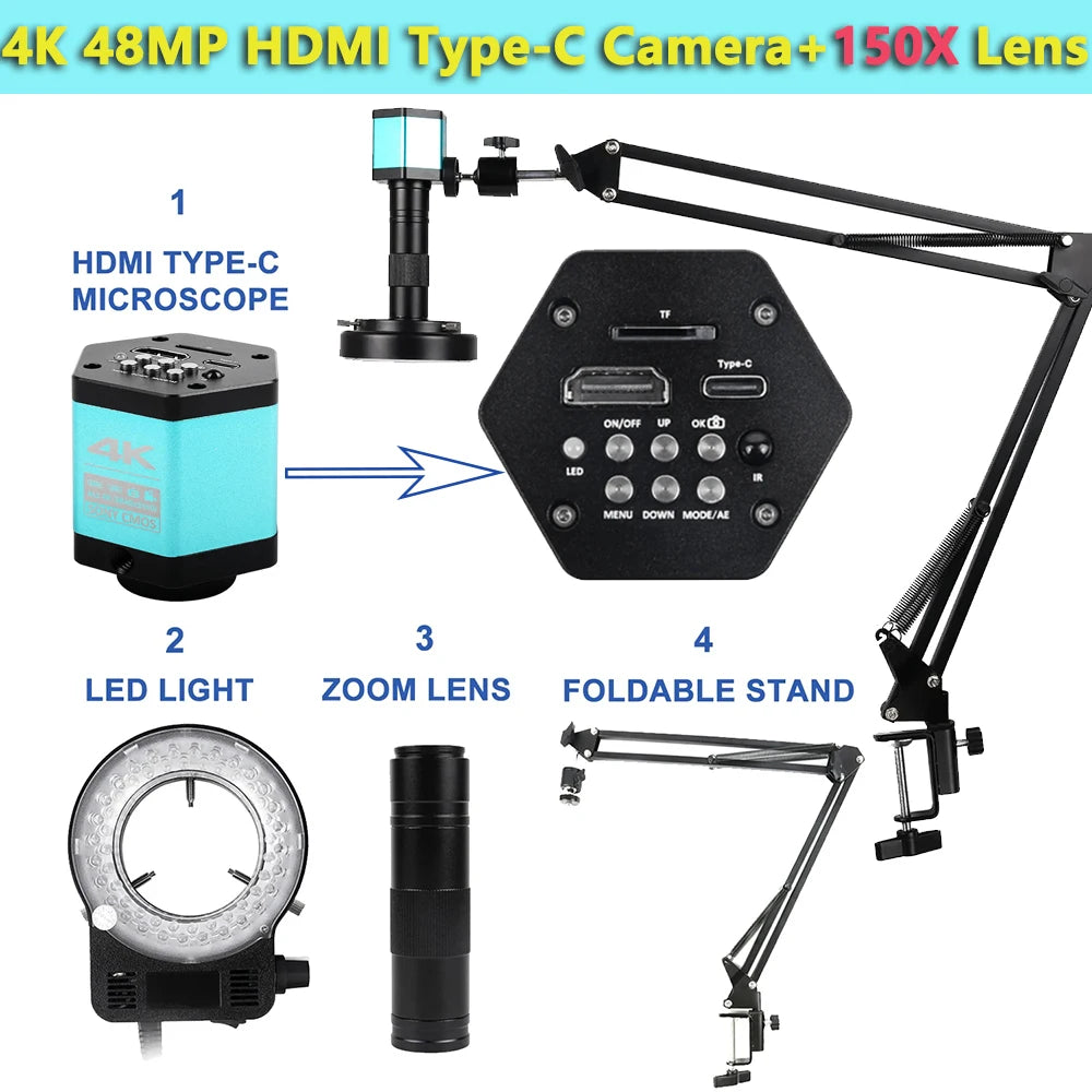 4K 48MP Electronic Digital Microscope 150X C-Mount Digital Camera Via Type Measurement For PCB Soldering Phone Repair Nice-power