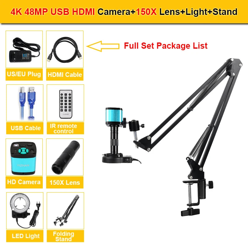 4K ULTRA Electronic Digital Microscope 48MP USB HDMI Soldering Camera 130X 150X 180X C-Mount Zoom Lens For PCB Repair Tools