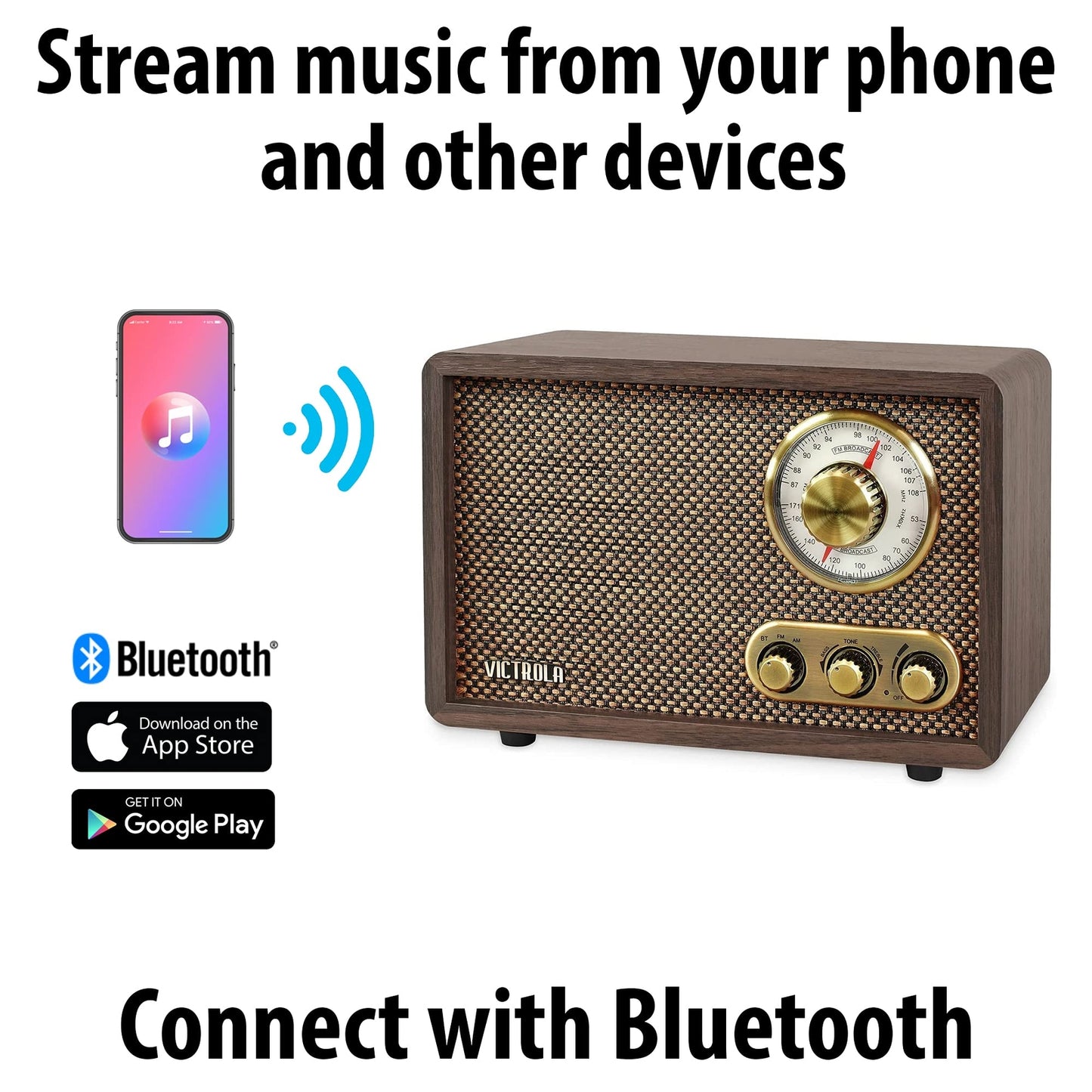 Victrola Retro Bluetooth AM FM Radio Classic Wood Finish Vintage Design