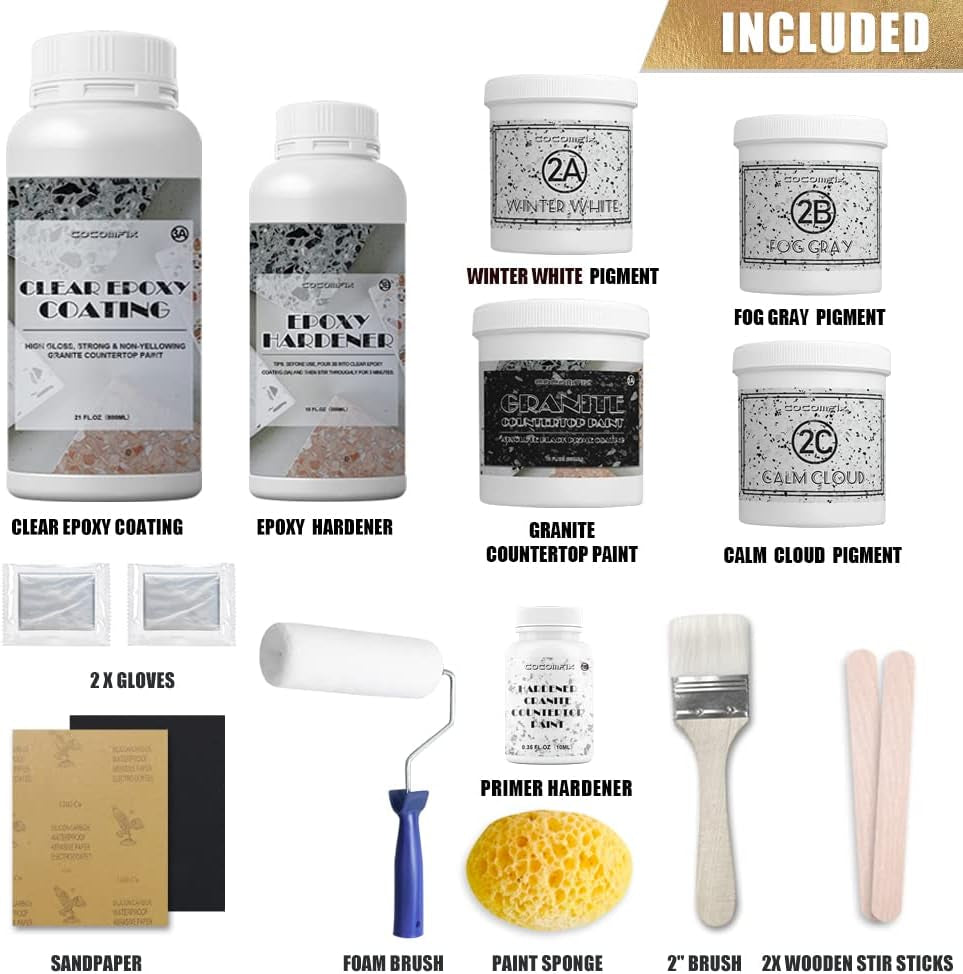 Granite Countertop Paint Kit. Epoxy Counter Top Refinishing Kit for Kitchen Bathroom. 25X Thick Bright Gloss Countertop Coating. (Pearl White)