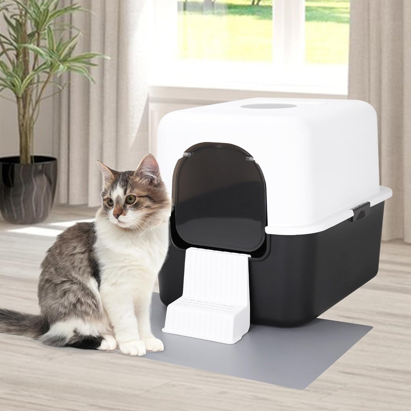 Cat Litter Box with Lid, Increased Entrance Height, Top Entry Enclosed Litter Box with Door, Easy to Install, Suitable for Cats up to 7.5Lbs (Black with Handle,Small)