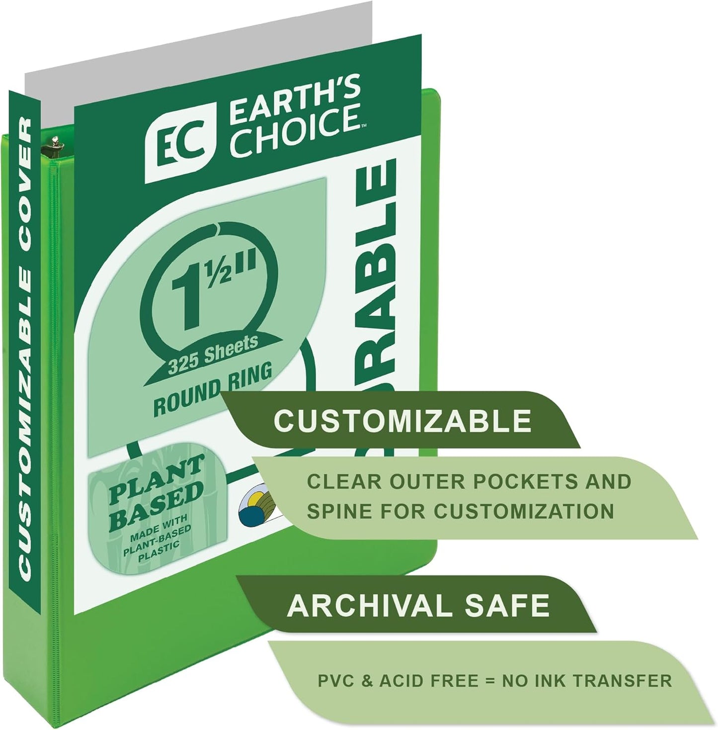 Earth’S Choice™, Durable Fashion Color 3 Ring View Binder, 1.5 Inch round Ring, up to 25% Plant Based Plastic, Eco-Friendly, USDA Certified Biobased, Lime Green, Value 2 Pack