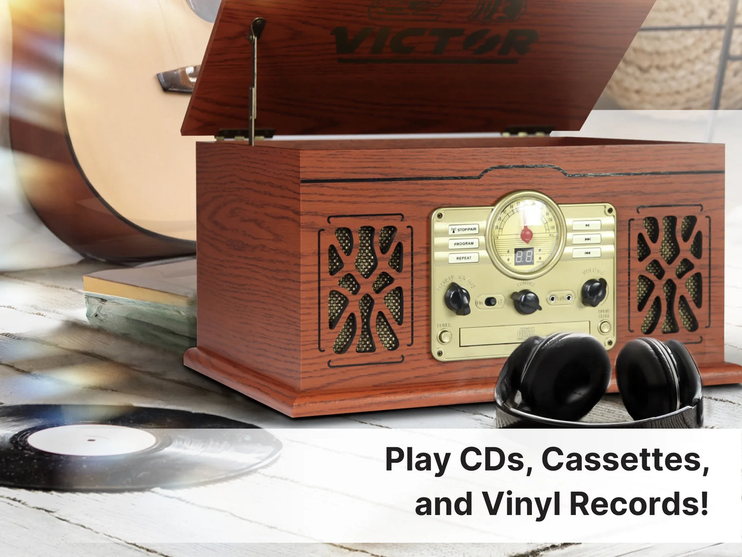 Digital Turntable Bluetooth Radio Record Player with Built-In Stereo Speakers, Mahogany