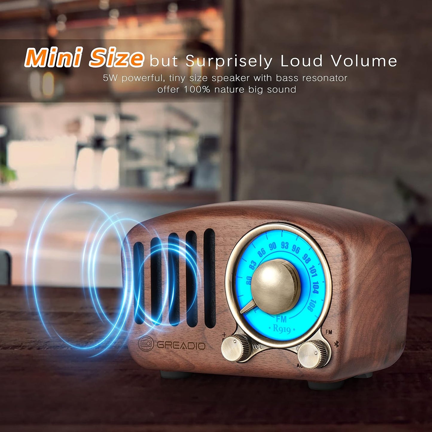 Vintage Walnut Wood Bluetooth Speaker Radio - Retro Style, Bass Enhancement, Loud Volume, Bluetooth 5.0, MP3 & FM Radio
