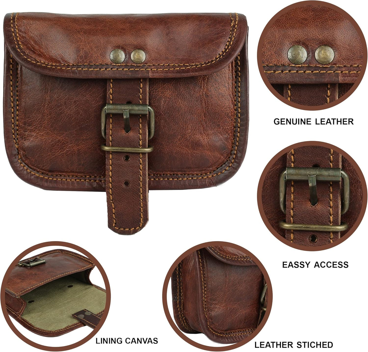 Leather Bum Bag Belt Pouch Purse Vintage Leisure Weekend Practical Party Festival Handmade Brown Small Unisex Messenger Bag for Workout Running Travelling Men Women