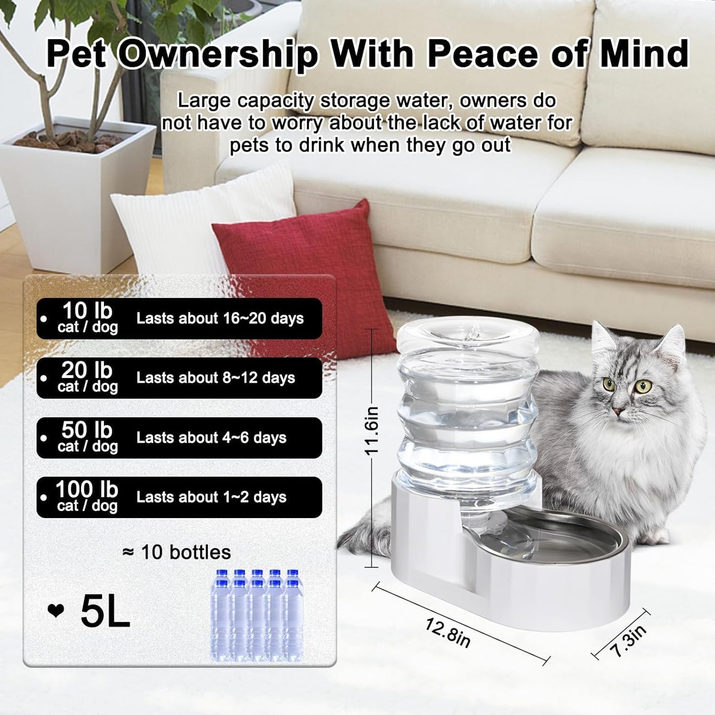 Dog Water Bowl Dispenser: 5L Automatic Stainless Steel Gravity Feeder - Large Capacity Ideal for Indoor and Outdoor Hydration