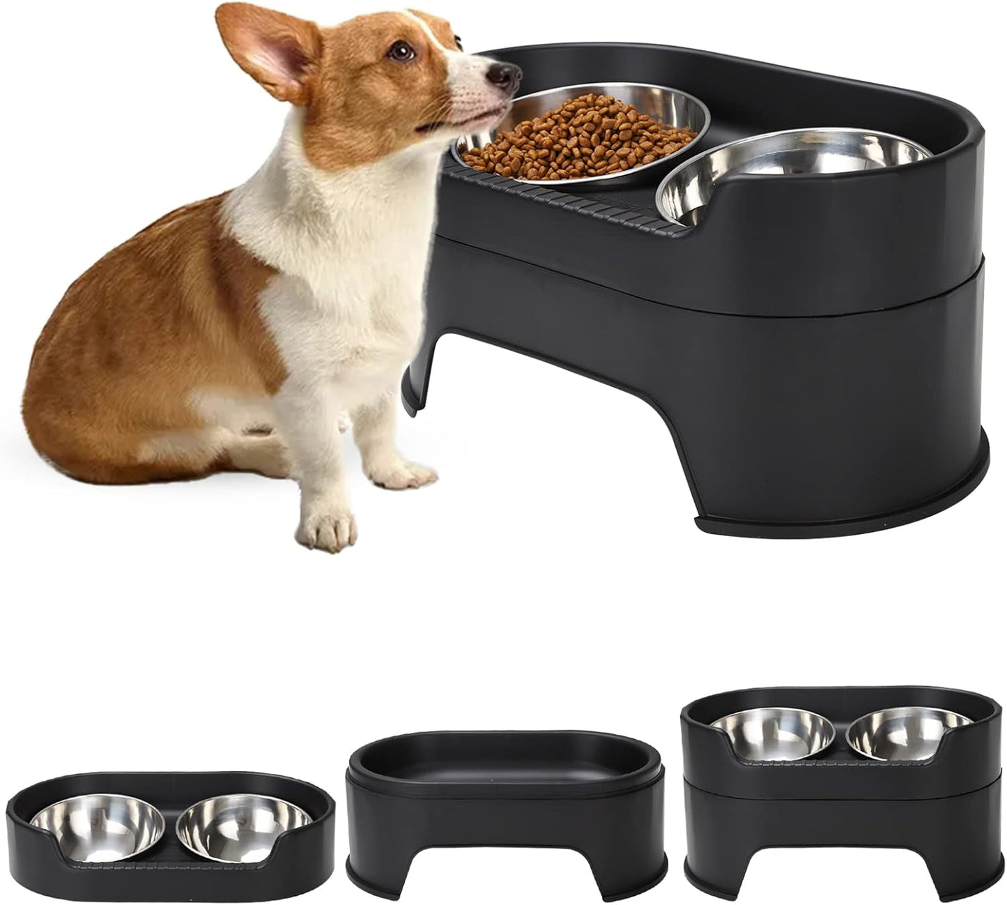 Raised Dog Bowls,Stainless Steel Dog Food Dish and Pet Water Bowls,Elevated Height Adjustable Double Bowl with Stand for Small Medium Dogs and Cats (New Black)