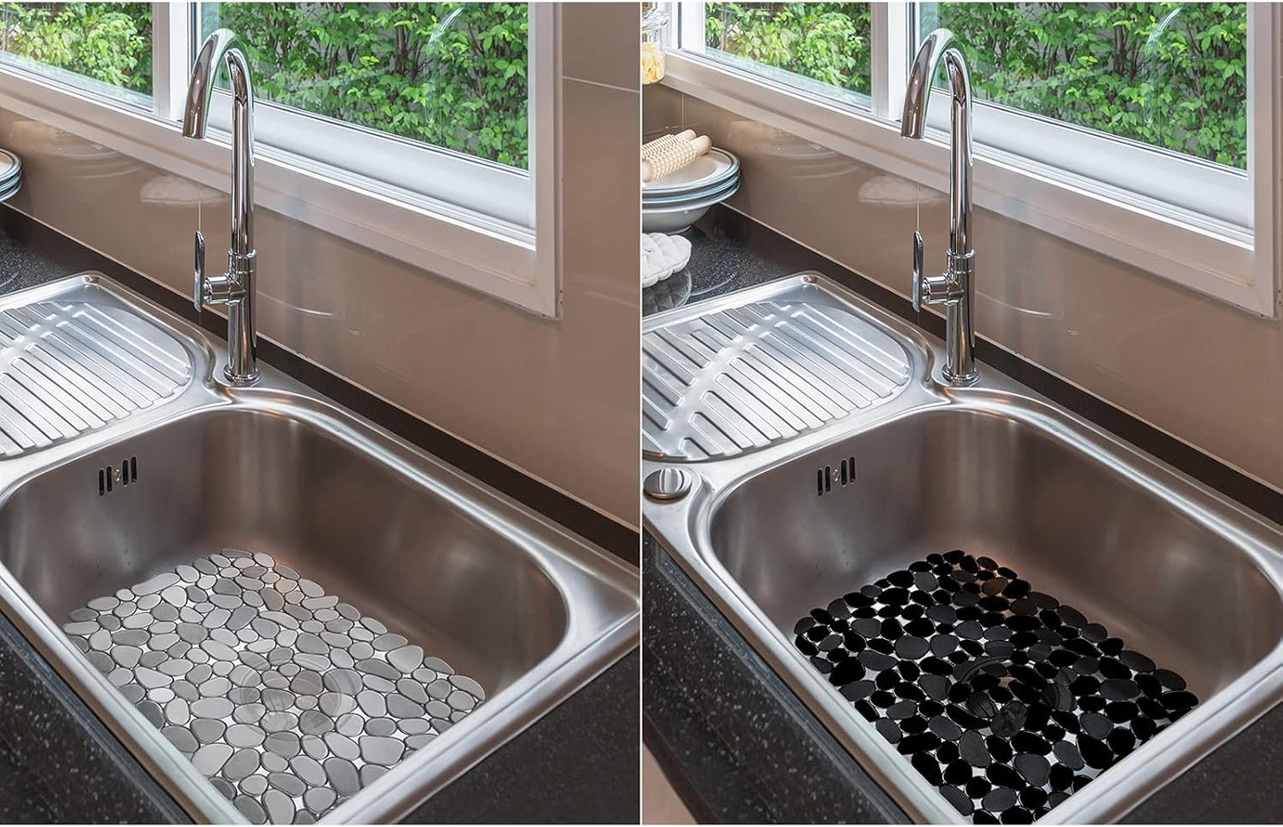 Kitchen Sink Mat Pebble Protect Mat PVC Eco-Friendly Adjustable Stainless Steel/ Porcelain Dish Drying Pad Protector for Bottom of Kitchen Sink, 15.8 X 11.8 Inches (2 Pack, Black and Gray)
