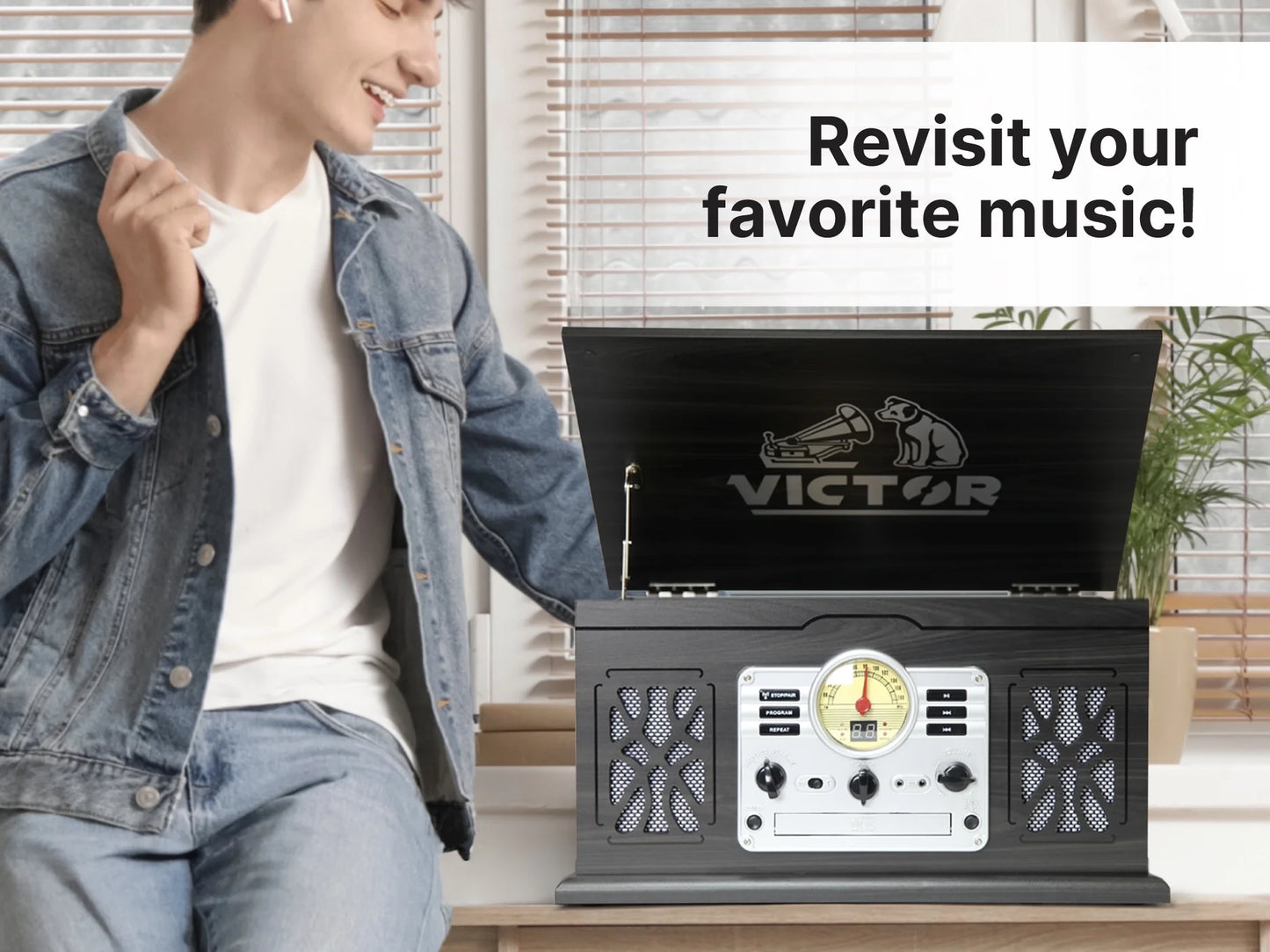 Digital Turntable Bluetooth Radio Record Player with Built-In Stereo Speakers, Mahogany