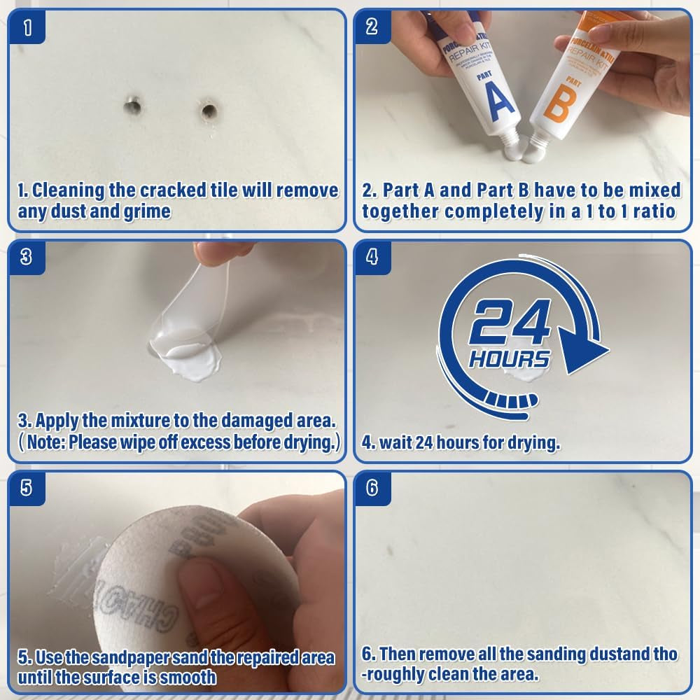 Porcelain Repair Kit, Tile Repair Kit(Burgundy) - Ceramic Tile Repair Filler to Fix Tile Chips and Cracks. Super Adhesion. for Ceramic, Porcelain, Acrylic, Fiberglass, Enamel.