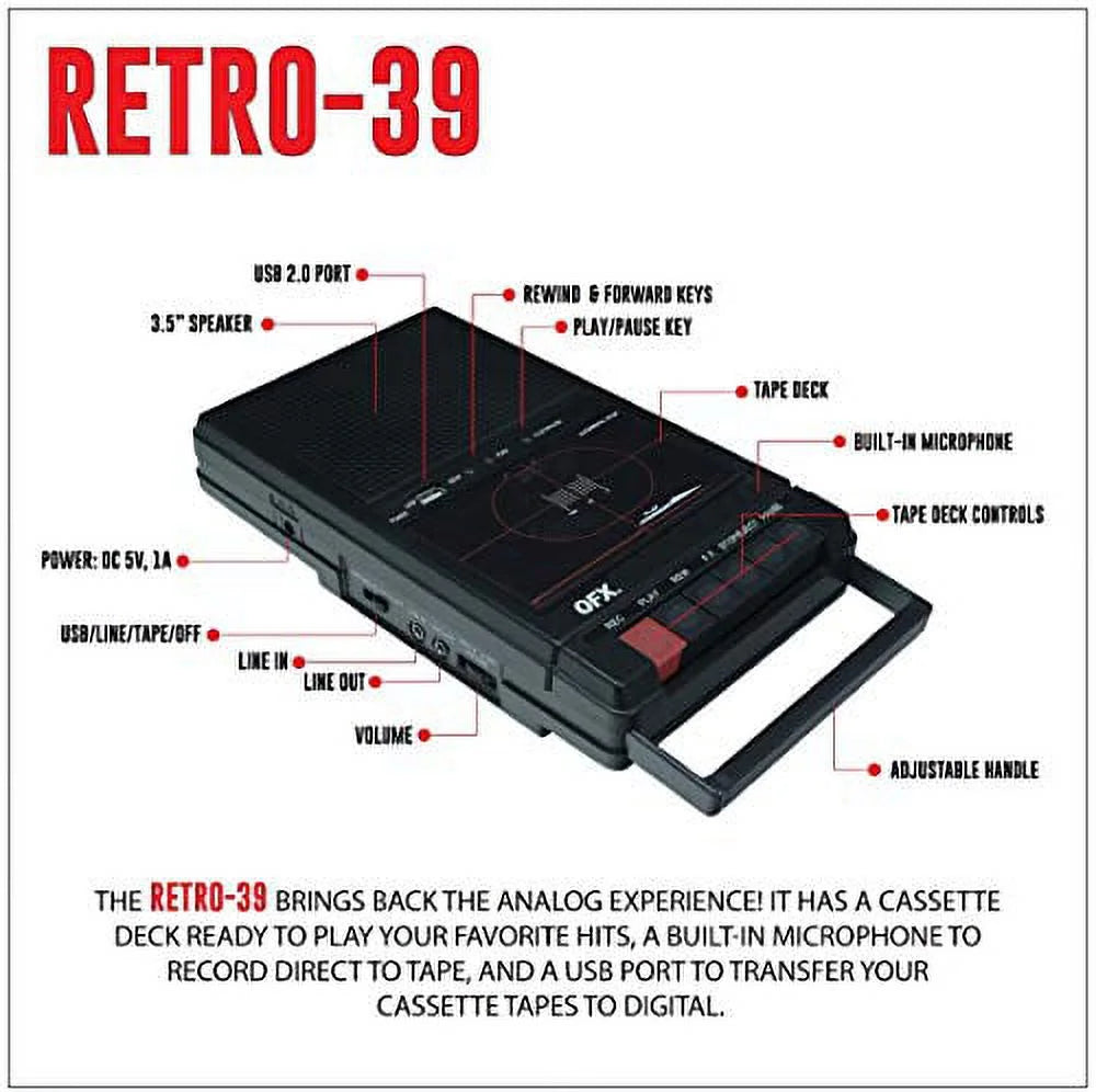 Retro-39Bt Shoebox-Style Cassette Player/Recorder with Bluetooth, FM Radio, USB Input, Black