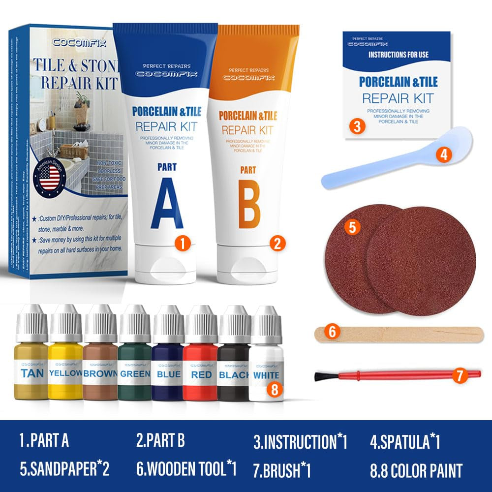 Tile Repair Kit, Ceramic Tile Chip Repair Kit(Color Match), Porcelain Repair Kit with Super Strong Adhesion, Fix Chips, Cracks and Holes on Ceramic Tile, Porcelain, Acrylic, Fiberglass, Enamel
