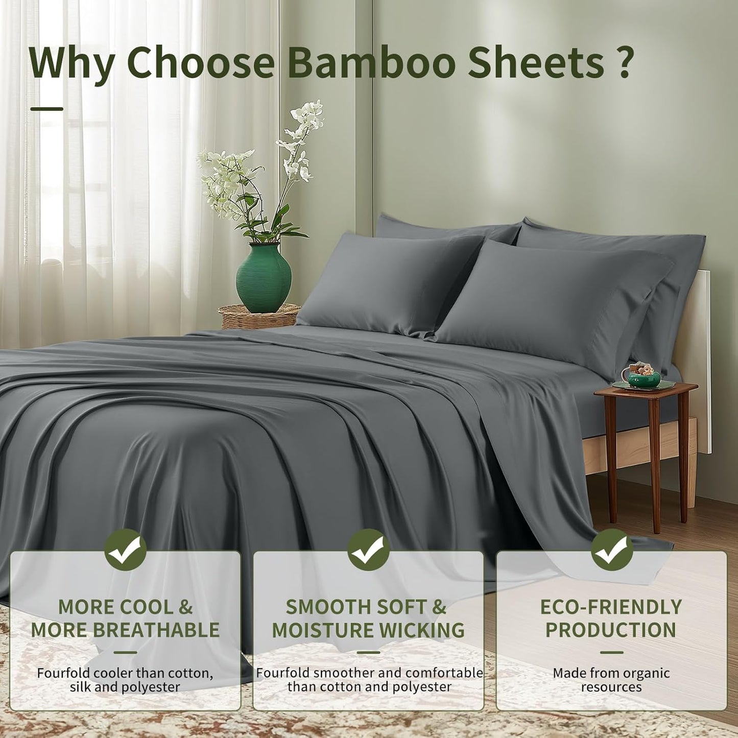 6 Piece King Sheet Sets, Cooling Sheets, Blend Rayon Derived from Bamboo, Deep Pocket up to 16", Breathable & Soft Bed Sheets, Hotel Silky Bedding Set, Dark Grey