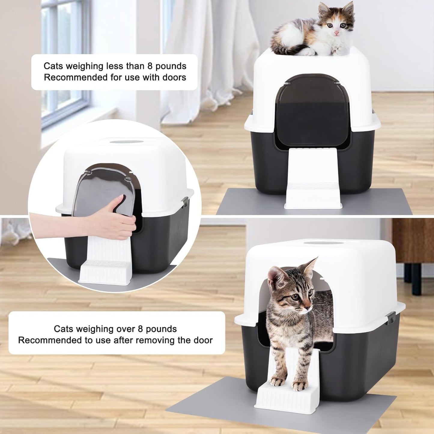 Cat Litter Box with Lid, Increased Entrance Height, Top Entry Enclosed Litter Box with Door, Easy to Install, Suitable for Cats up to 7.5Lbs (Black with Handle,Small)