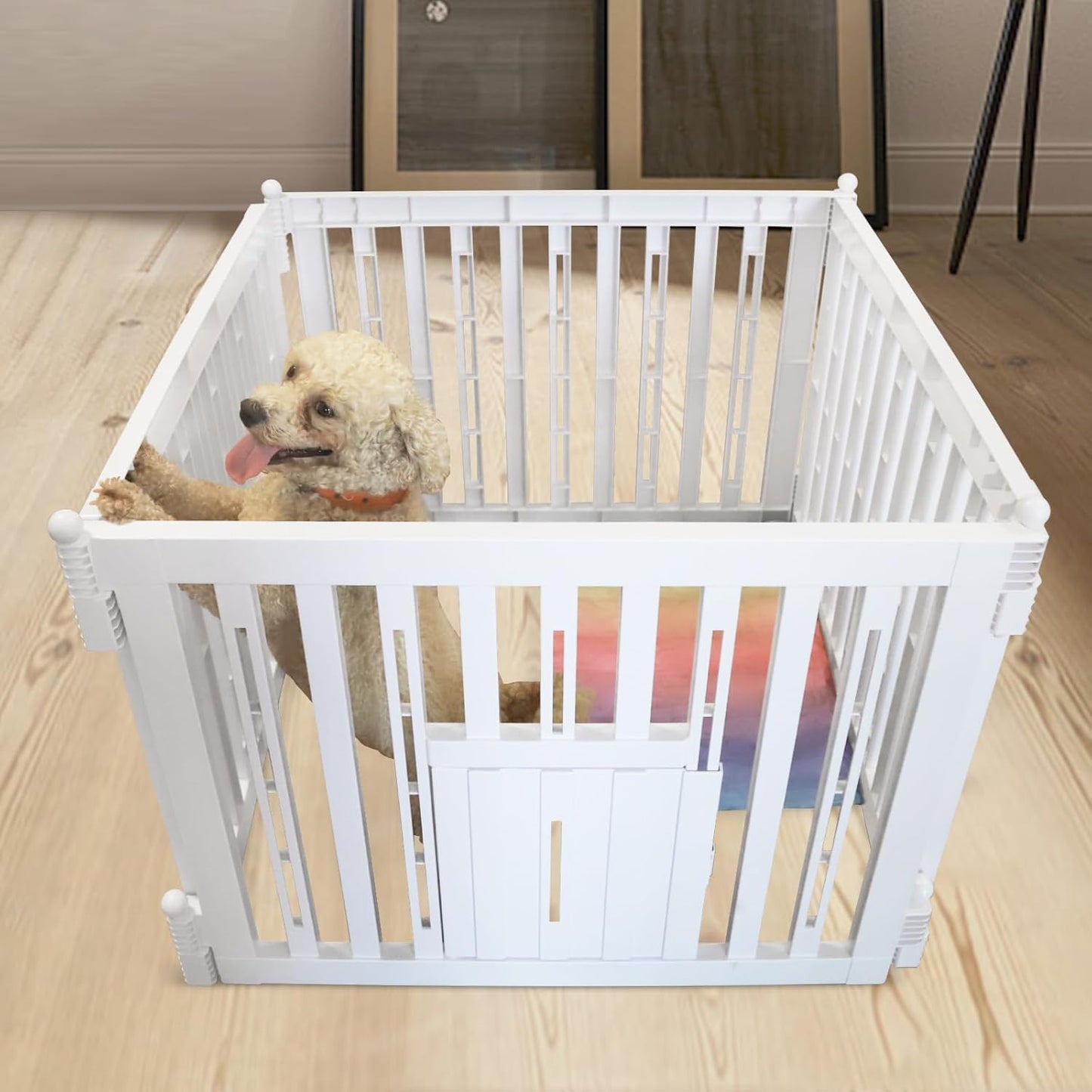 Foldable Plastic Dog Playpen, 4 Panels Pet Fence with Doors for Small Cats and Dogs, Portable Pet Barrier for Indoor and Outdoor, Easy to Assemble (White with Door)